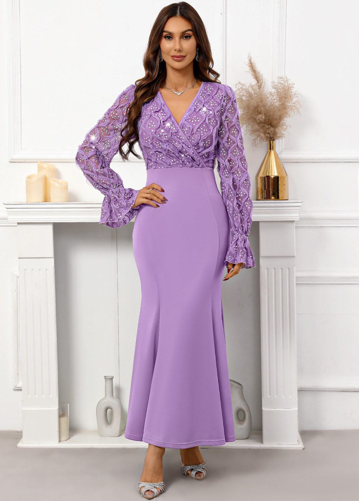 Purple Sequin Maxi Long Sleeve V Neck Bodycon Dress