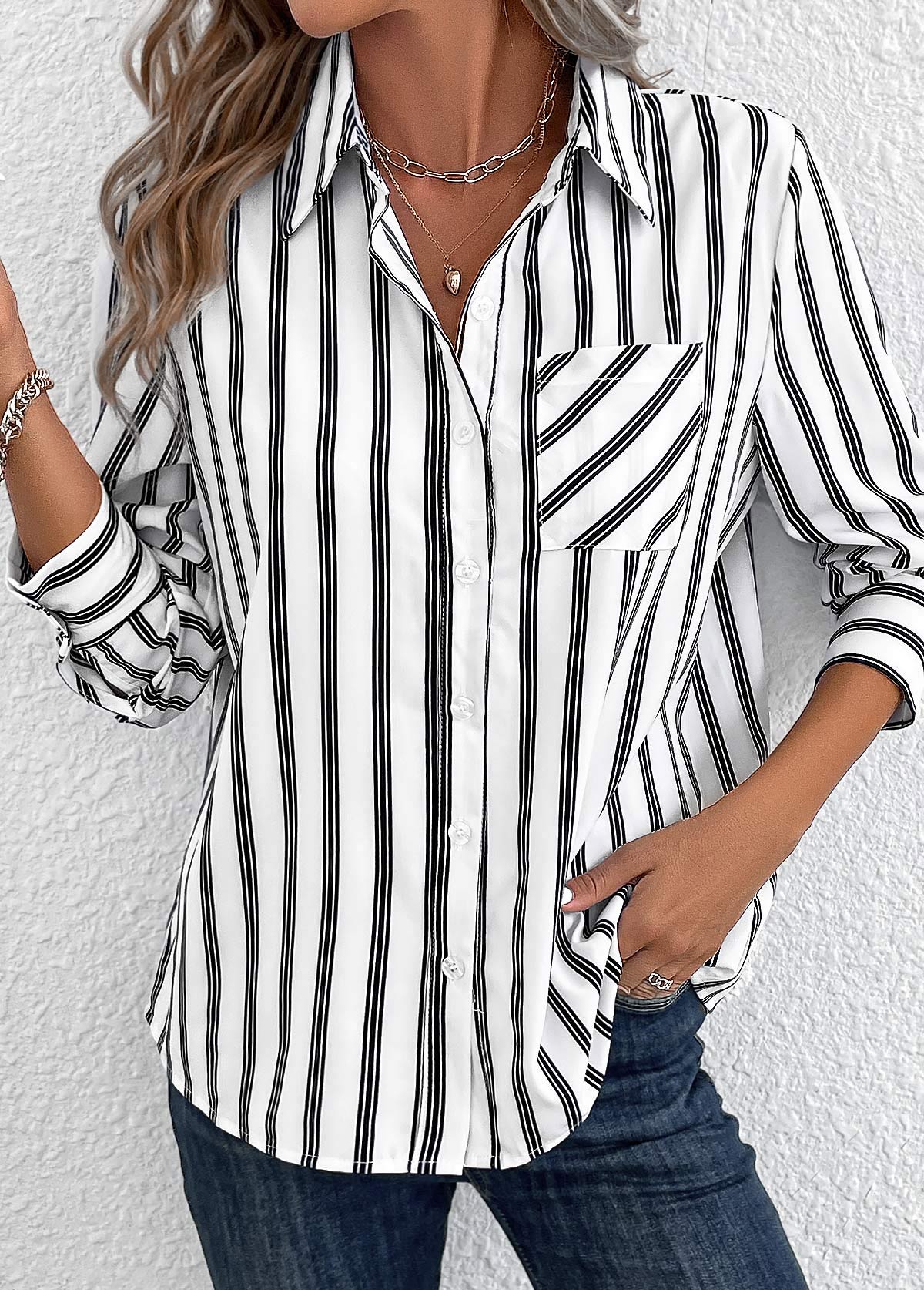 White Pocket Striped Long Sleeve Shirt Collar Blouse