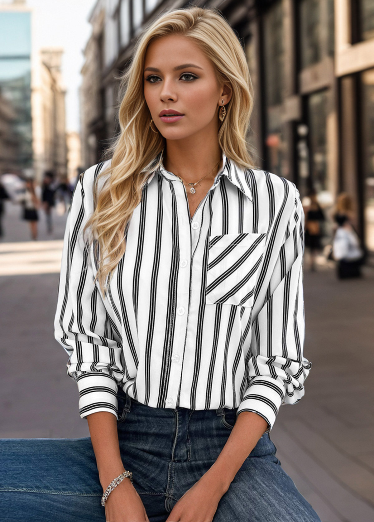 White Pocket Striped Long Sleeve Shirt Collar Blouse