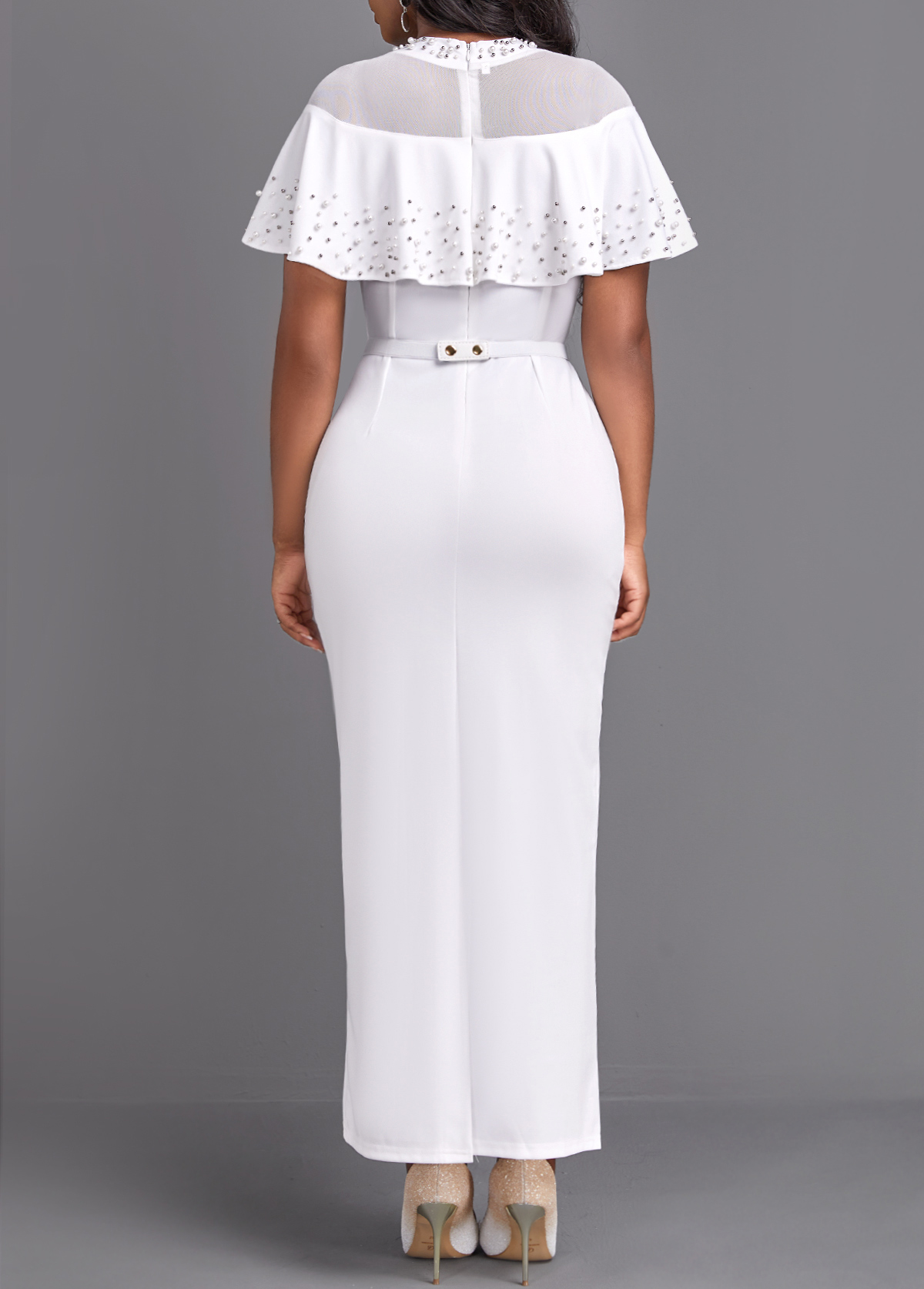 White Pearl Belted Short Sleeve Maxi Bodycon Dress