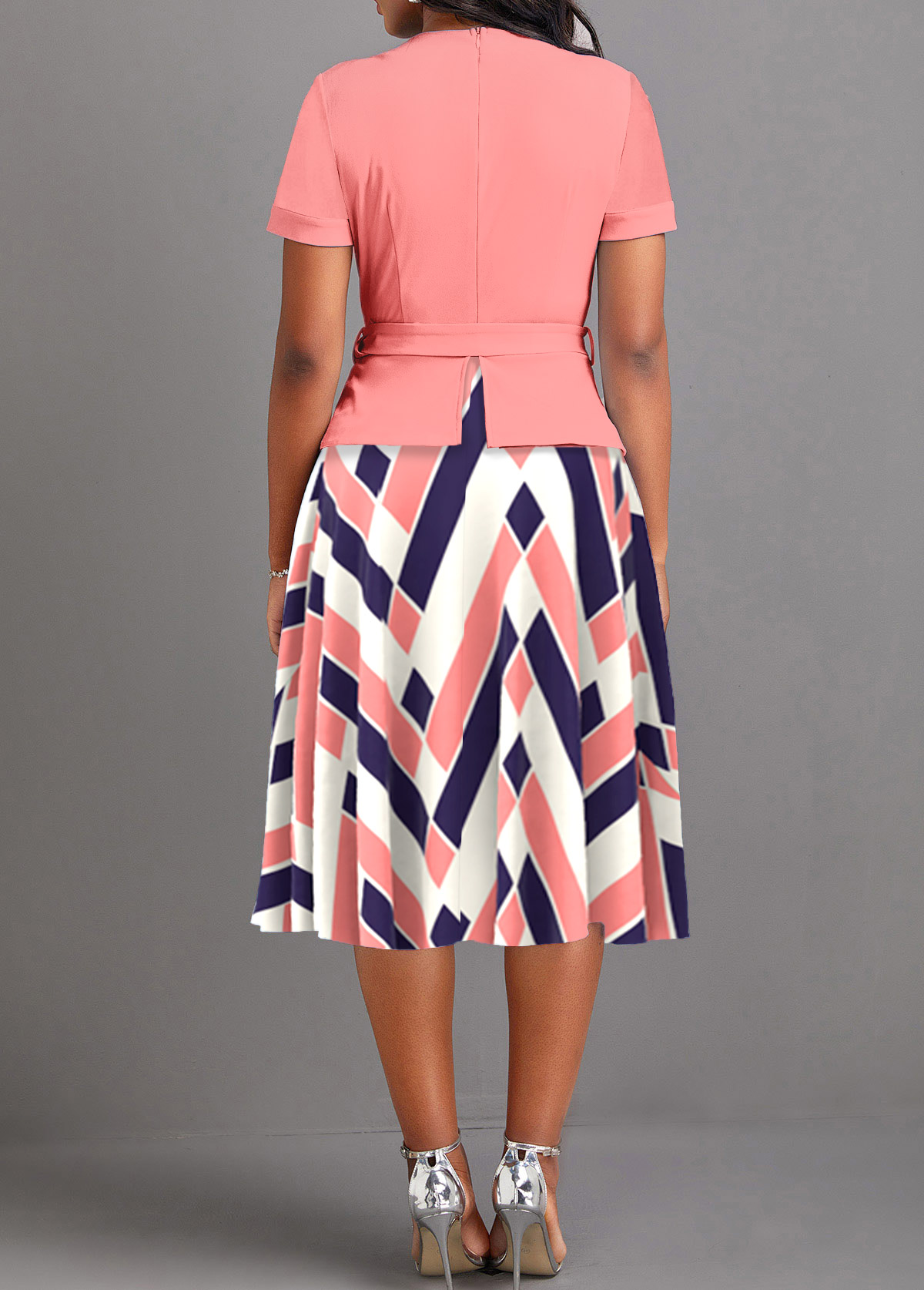 Pink Fake 2in1 Geometric Print Belted Dress