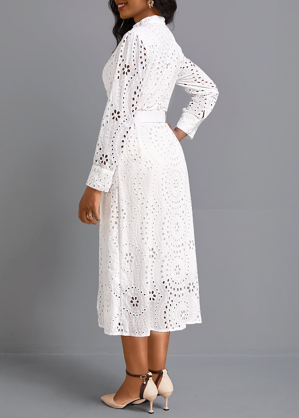 White Button Belted Long Sleeve Round Neck Dress