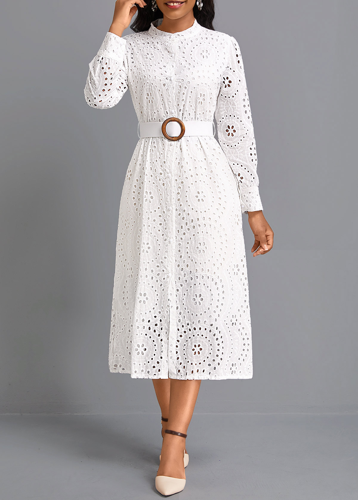 White Button Belted Long Sleeve Round Neck Dress