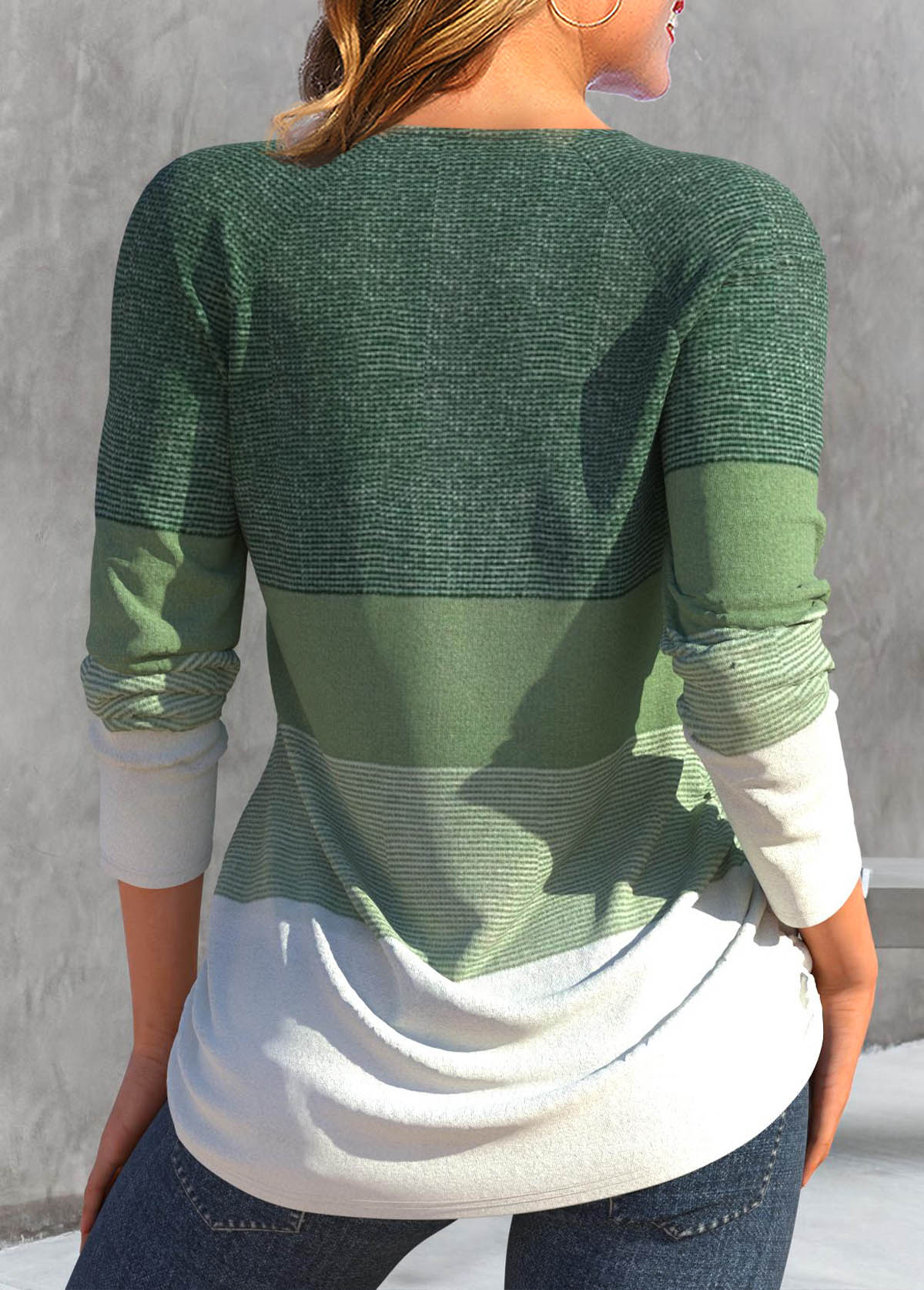 Sage Green Zipper Striped Long Sleeve T Shirt