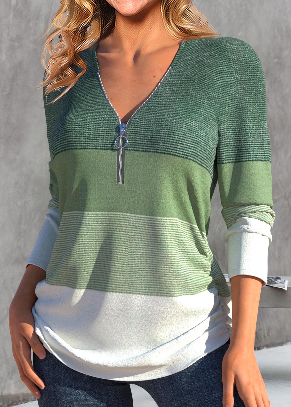 Sage Green Zipper Striped Long Sleeve T Shirt USD 31.98