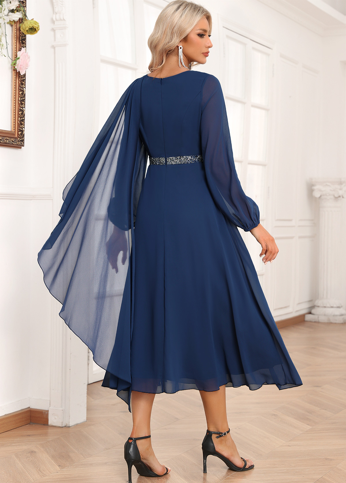 Casual Long Sleeve Boat Neck Midi Dress