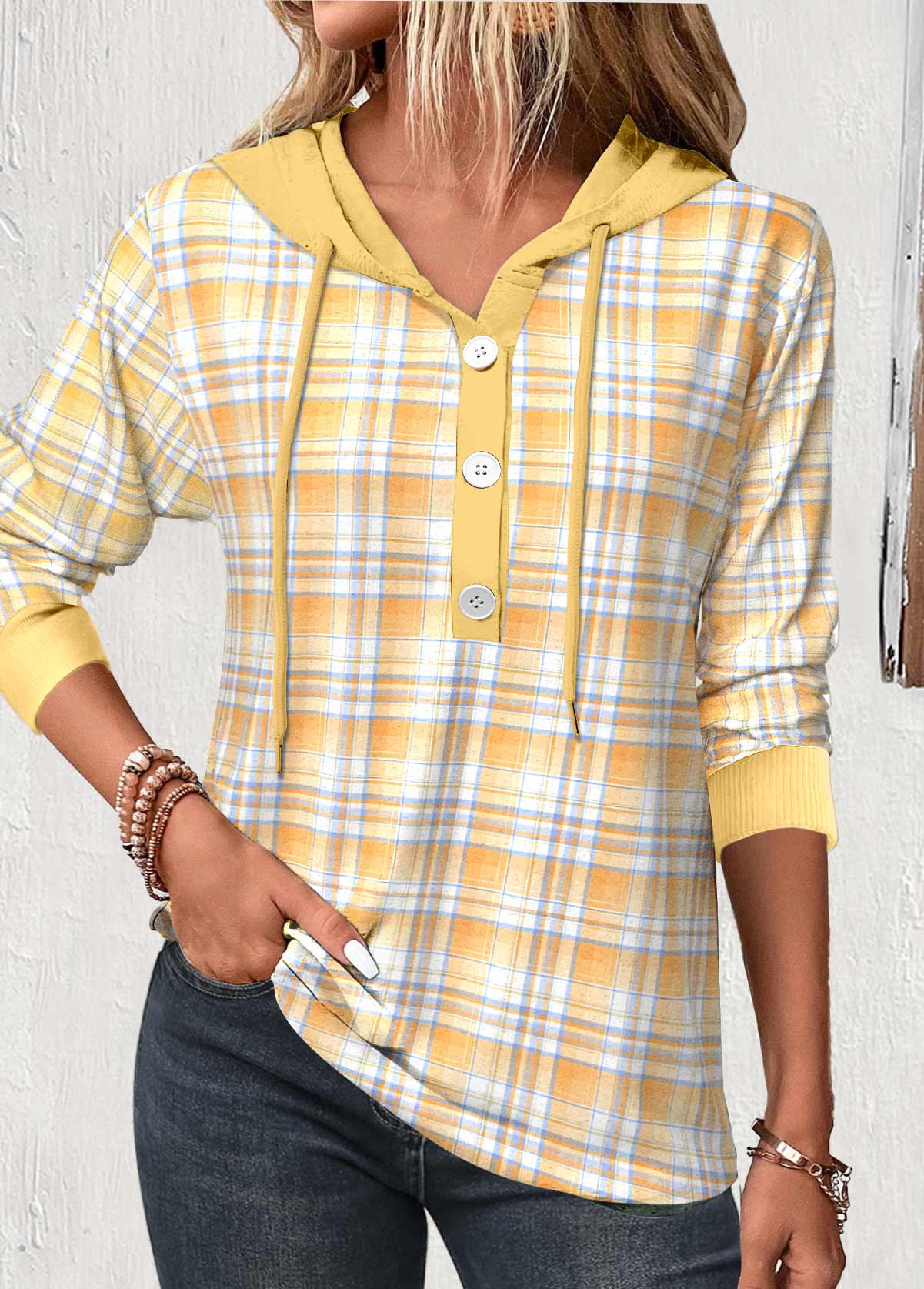 Plus Size Yellow Patchwork Plaid Long Sleeve Hoodie