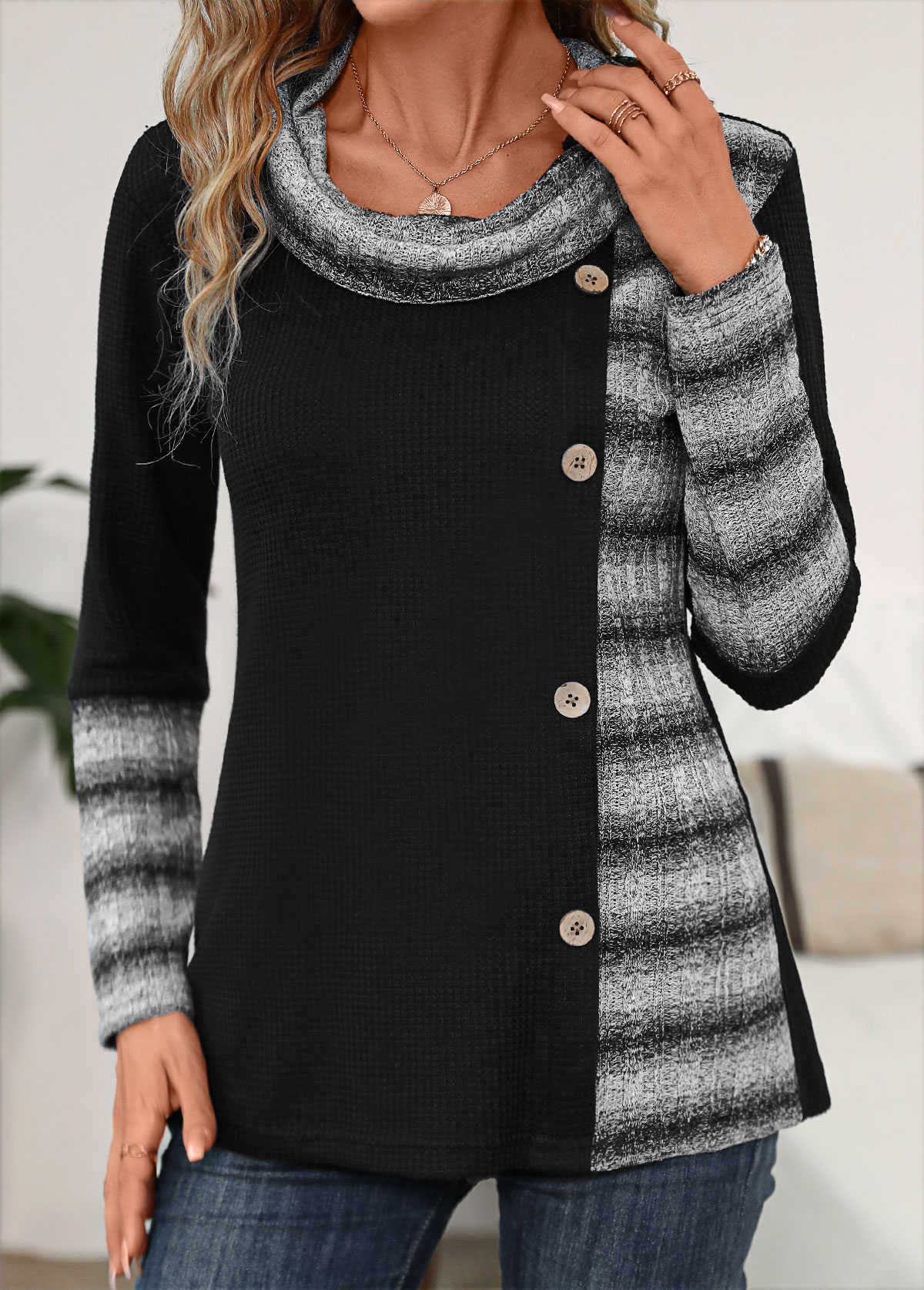 Black Patchwork Striped Long Sleeve Cowl Neck Sweatshirt | picture 