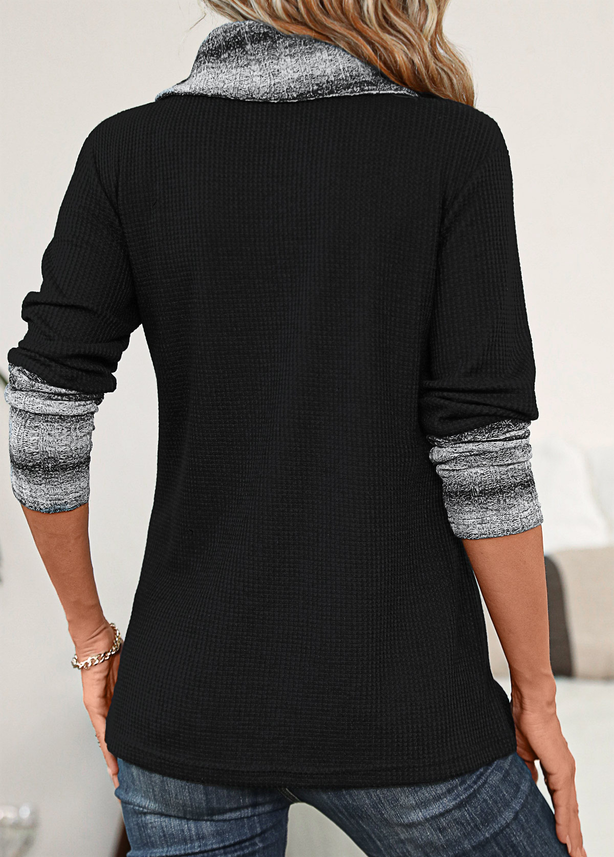 Black Patchwork Striped Long Sleeve Cowl Neck Sweatshirt | picture 