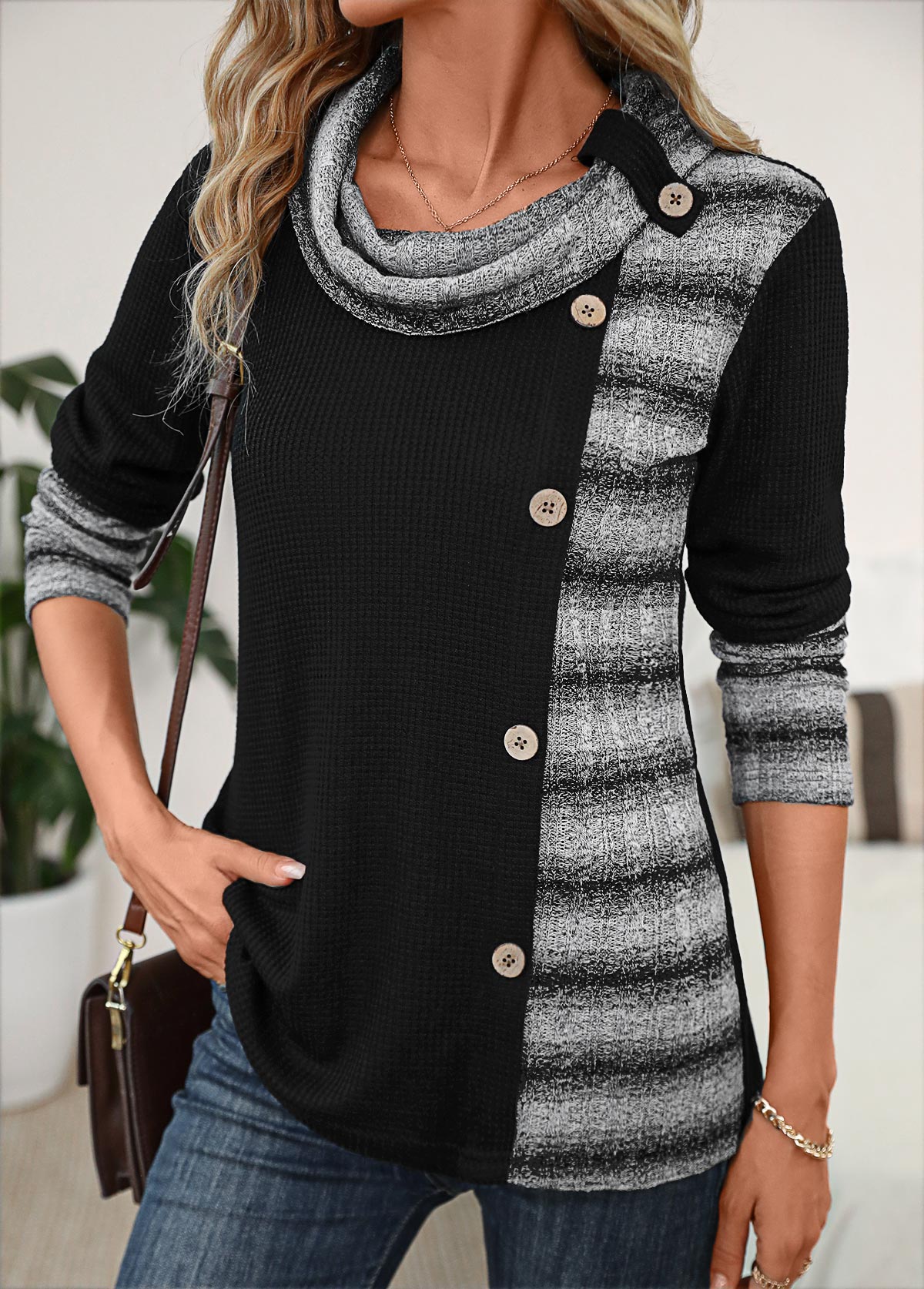 Black Patchwork Striped Long Sleeve Cowl Neck Sweatshirt | picture 