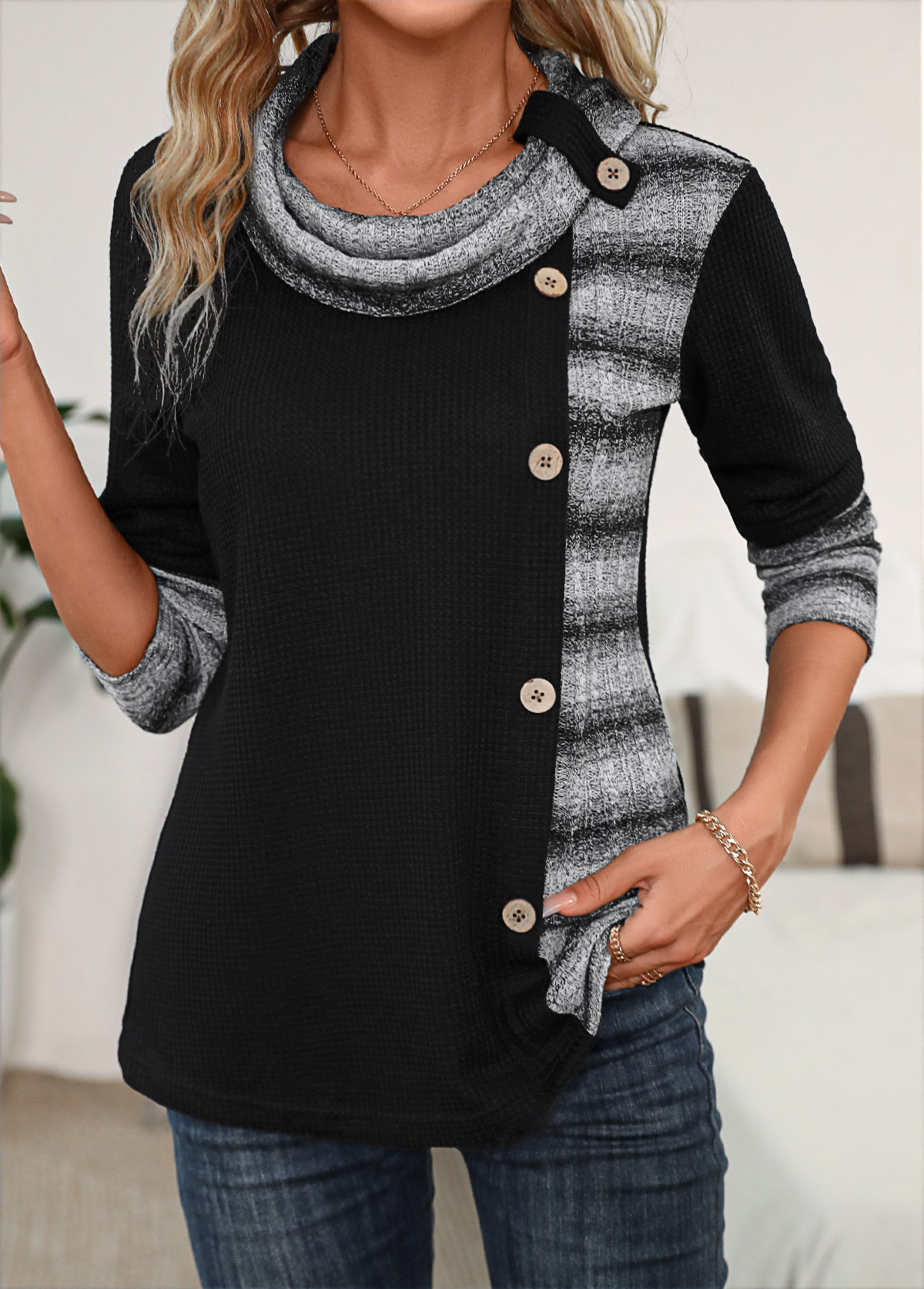 Black Patchwork Striped Long Sleeve Cowl Neck Sweatshirt | picture 
