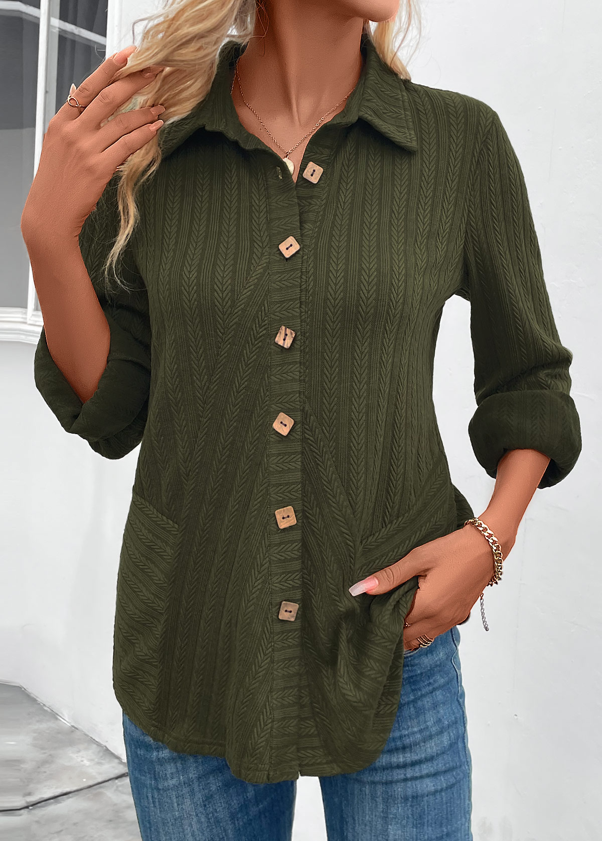 Olive Green Patchwork Long Sleeve Shirt Collar Blouse
