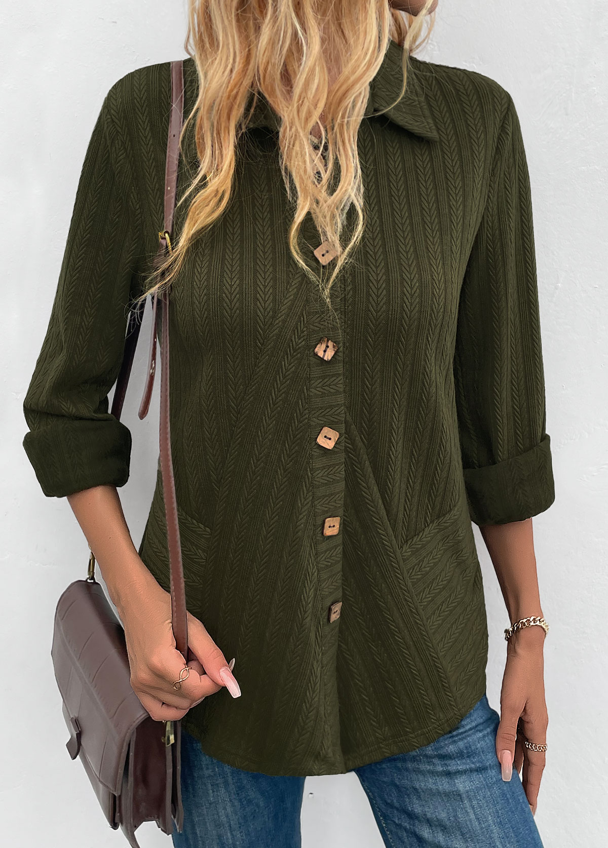 Olive Green Patchwork Long Sleeve Shirt Collar Blouse