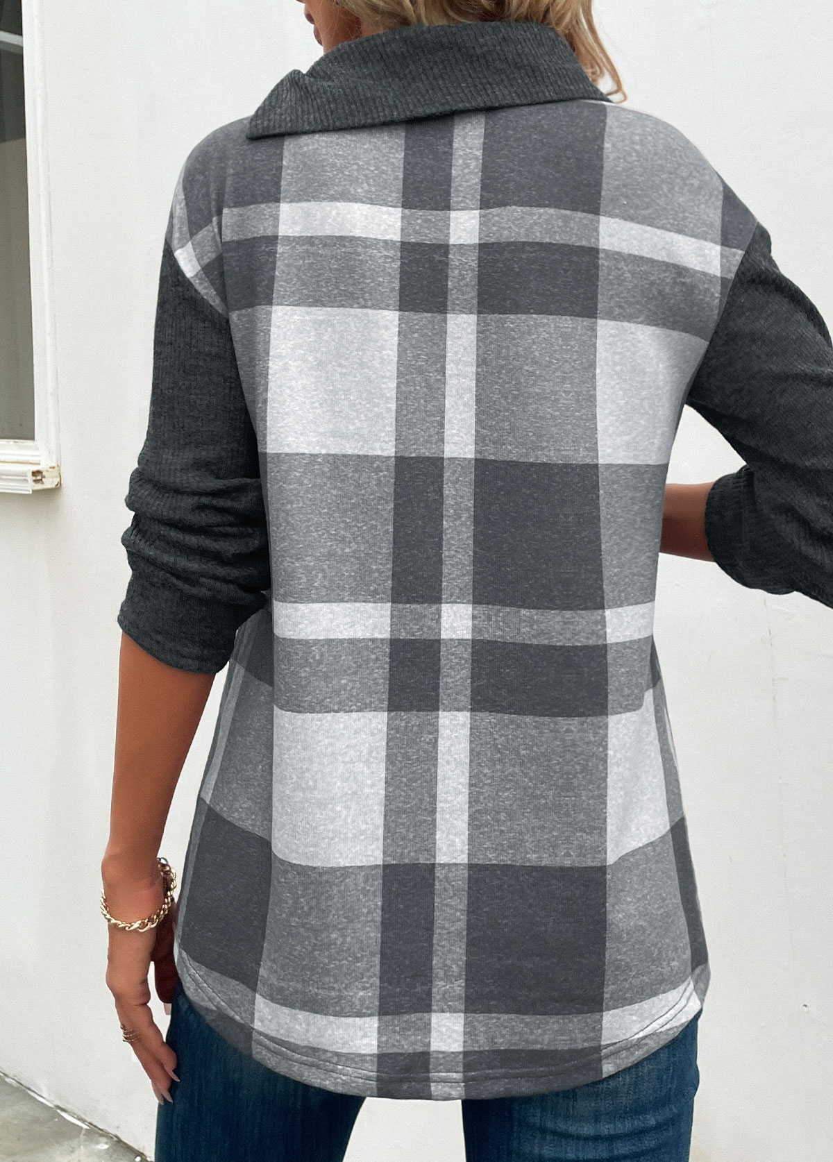 Dark Grey Marl Patchwork Plaid Long Sleeve Sweatshirt