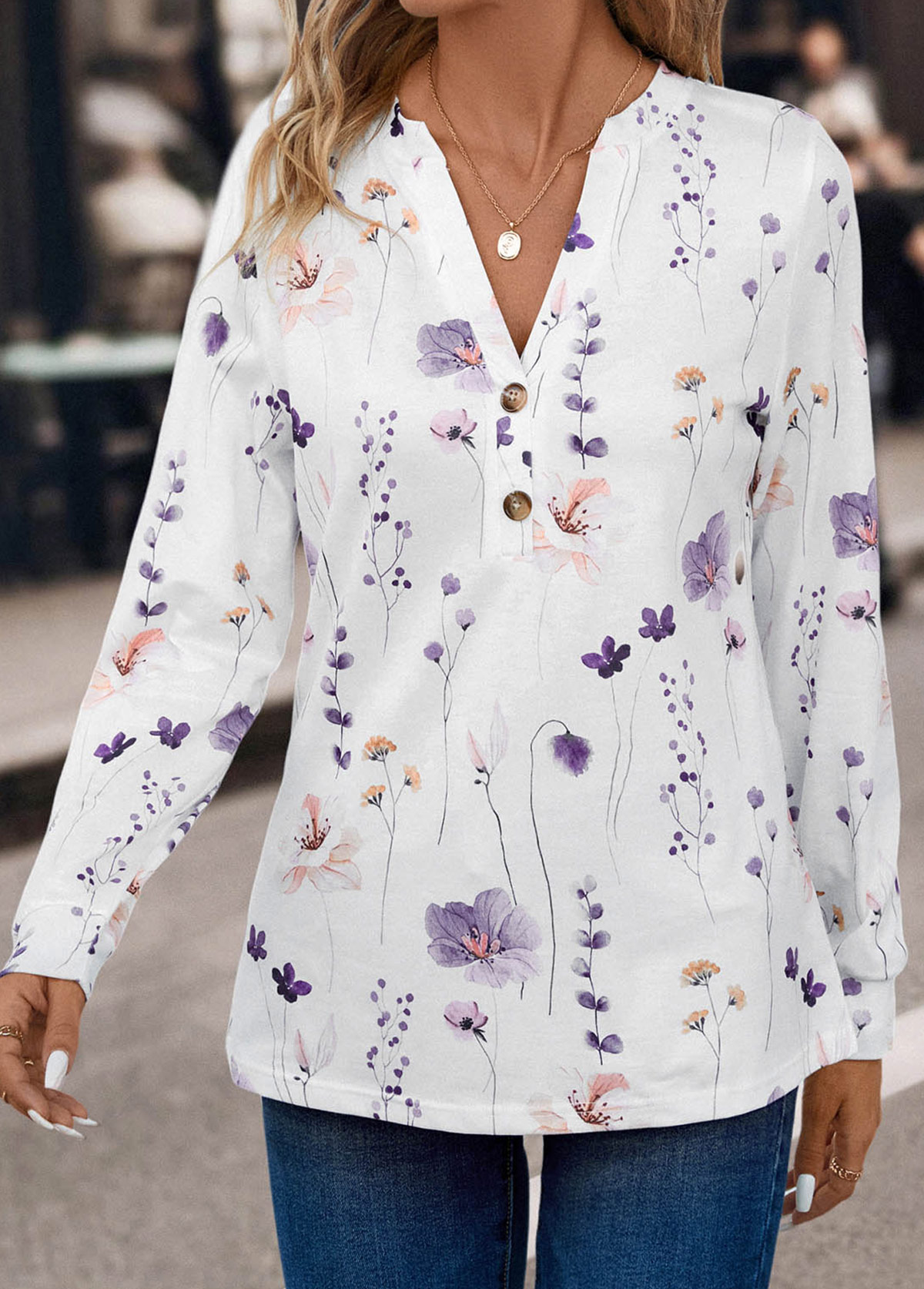 White Button Floral Print Long Sleeve T Shirt | picture 