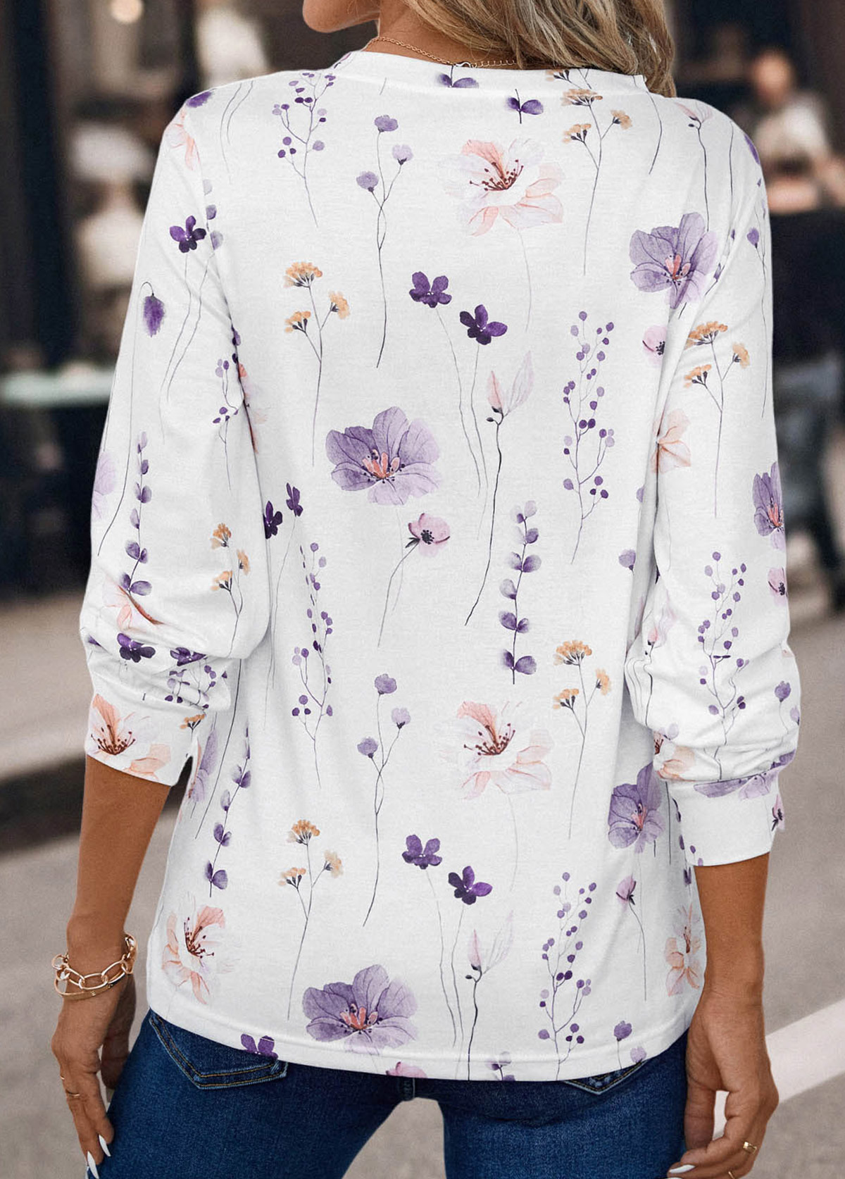 White Button Floral Print Long Sleeve T Shirt