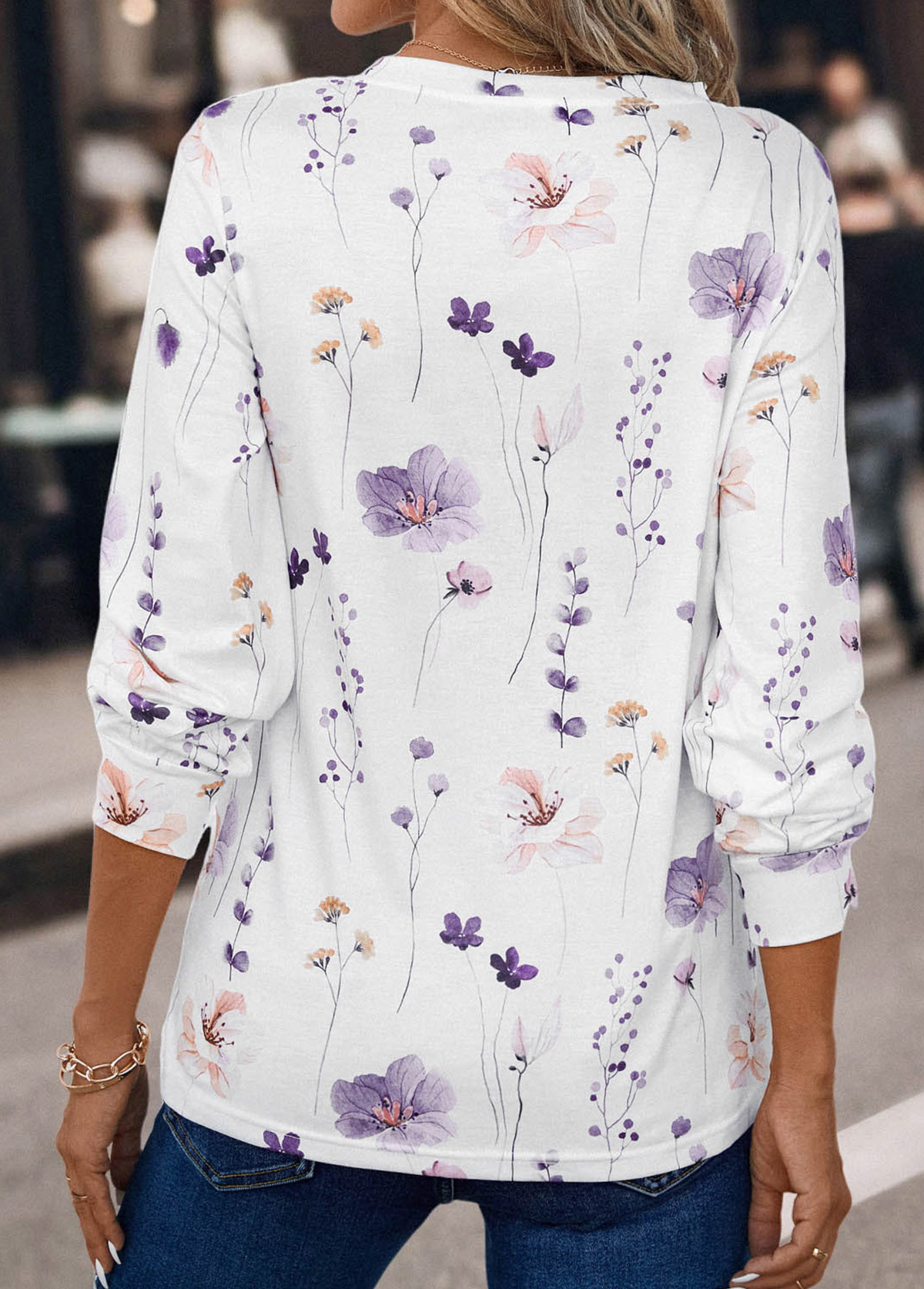 White Button Floral Print Long Sleeve T Shirt | picture 