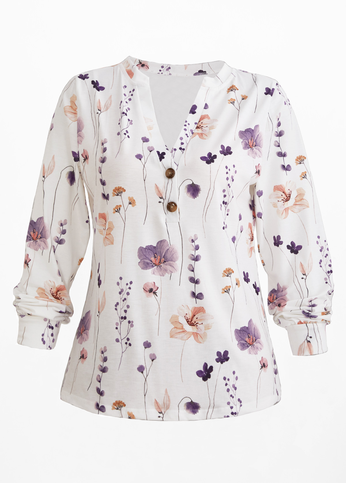 White Button Floral Print Long Sleeve T Shirt | picture 