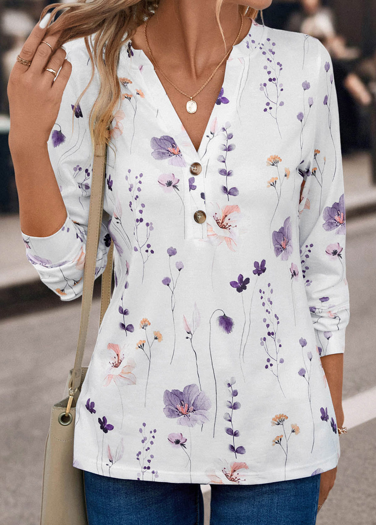 White Button Floral Print Long Sleeve T Shirt | picture 
