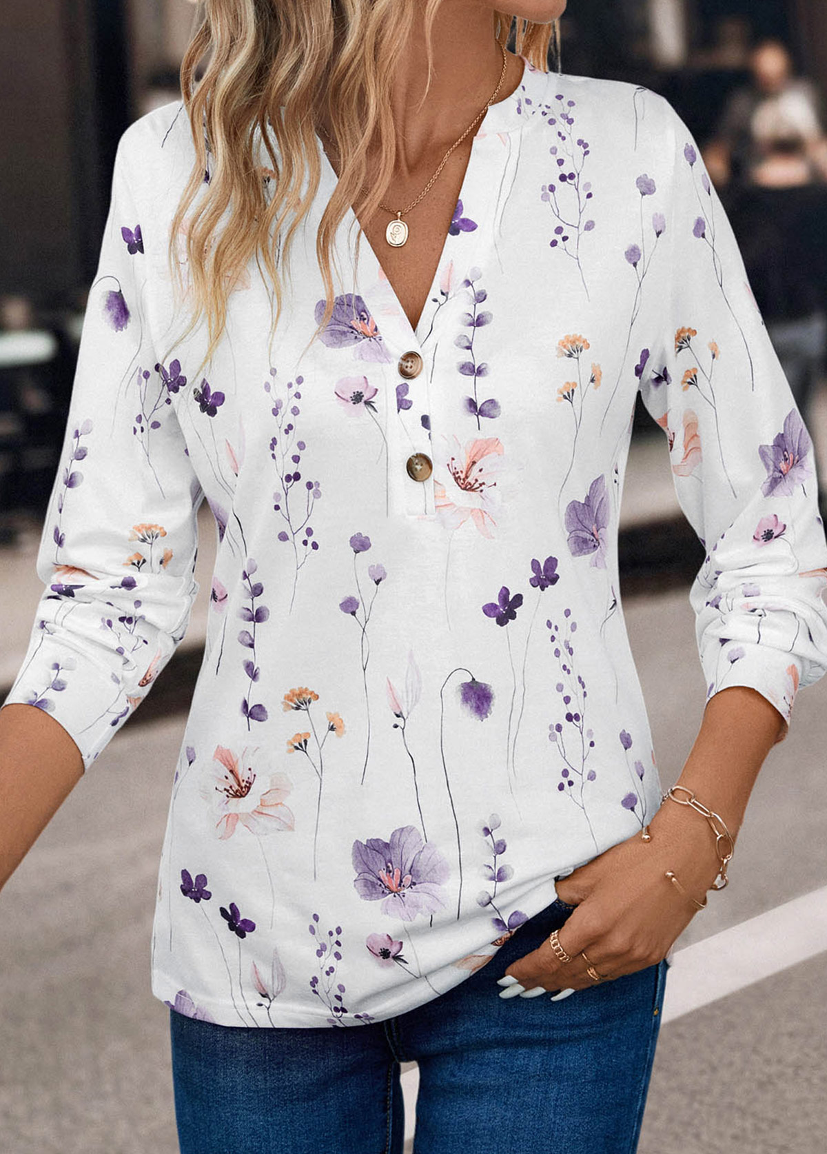 White Button Floral Print Long Sleeve T Shirt | picture 