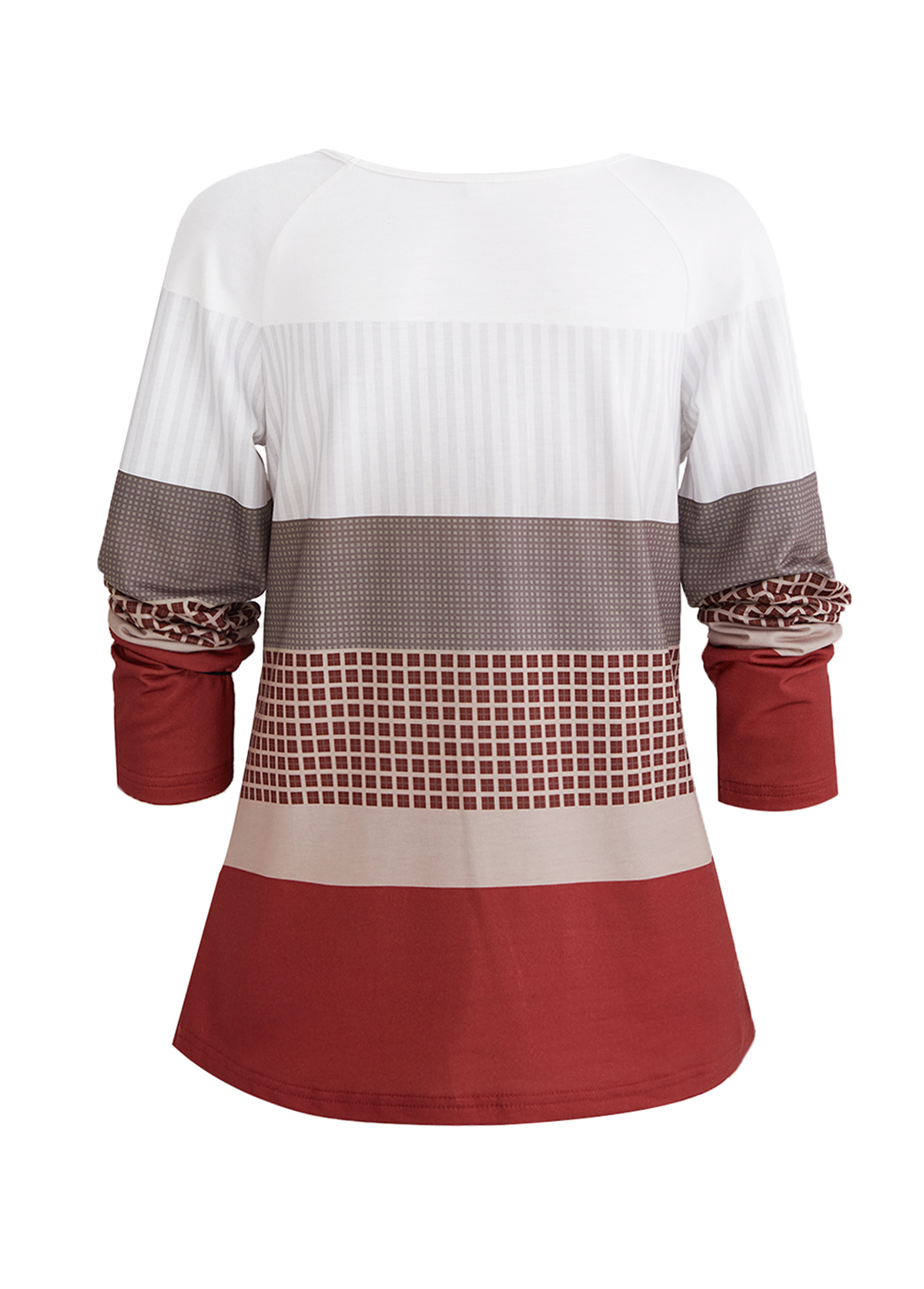 Plus Size Wine Red Patchwork Geometric Print Sweatshirt