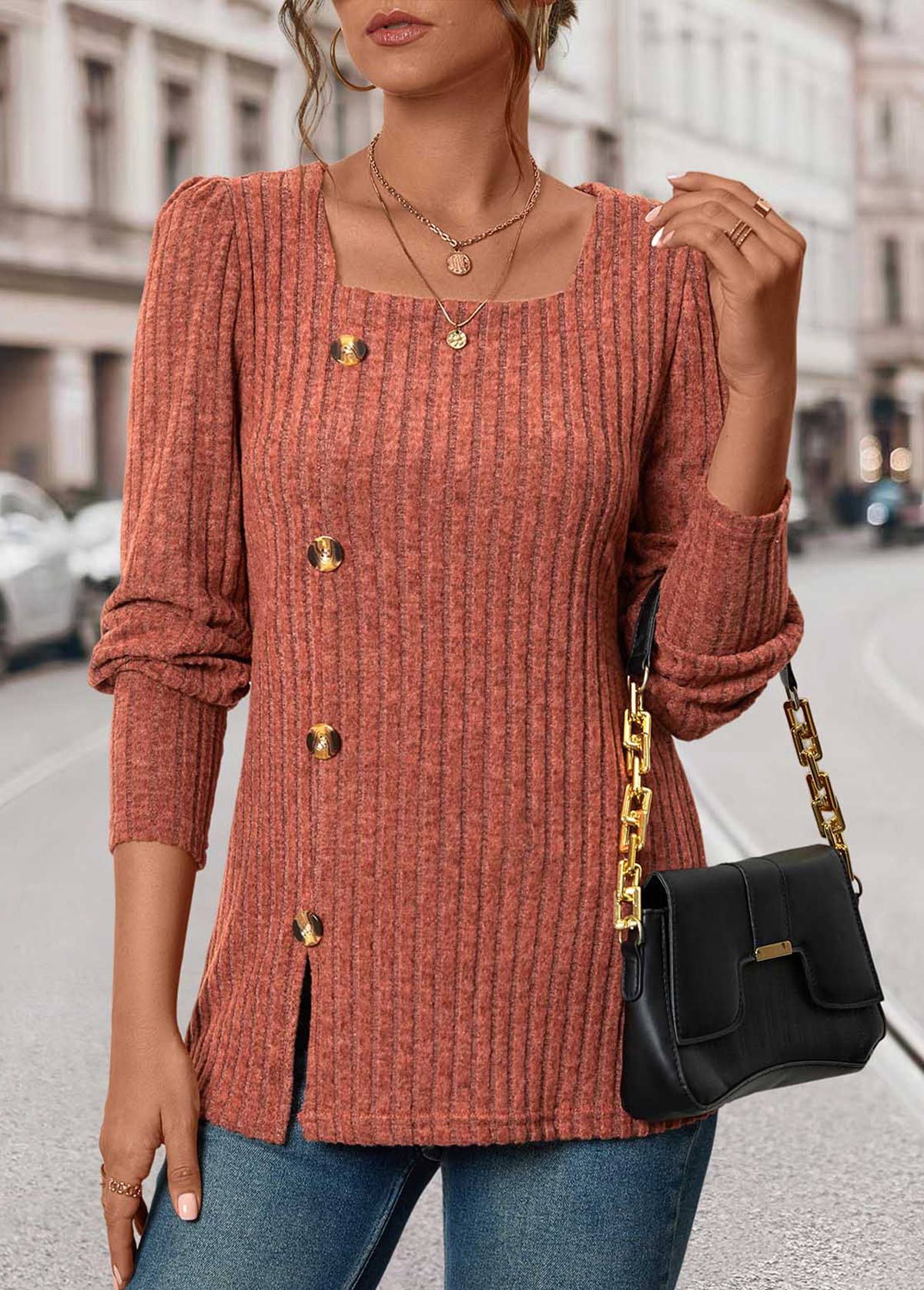 Brick Red Button Long Sleeve Square Neck T Shirt