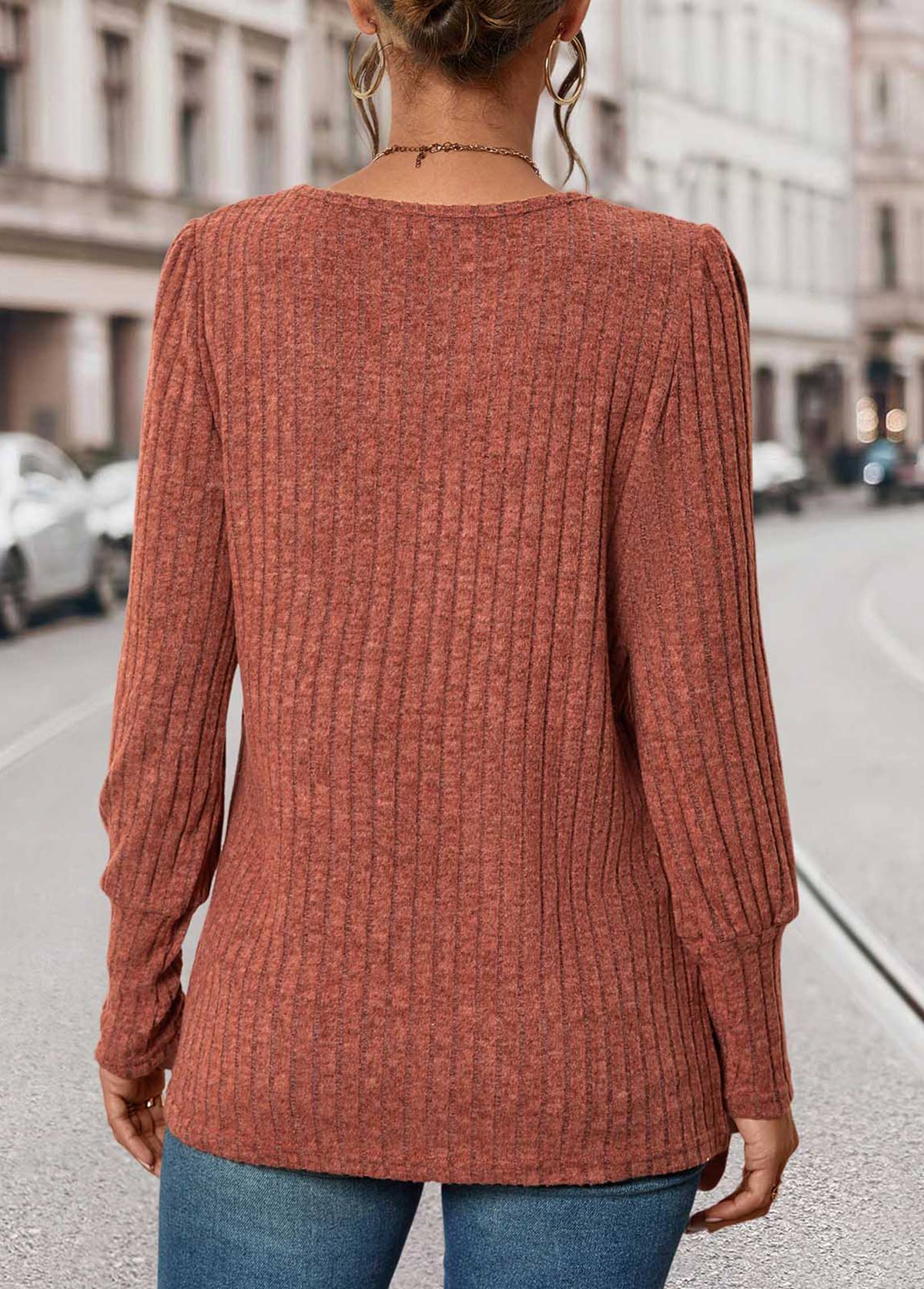 Brick Red Button Long Sleeve Square Neck T Shirt