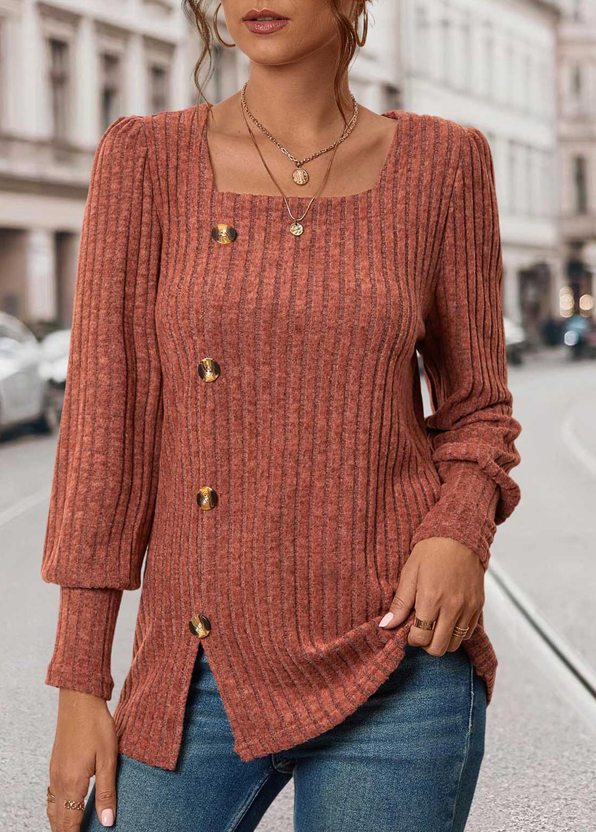 Brick Red Button Long Sleeve Square Neck T Shirt