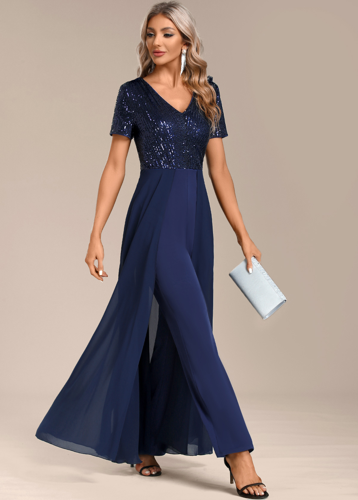 Navy Sequin Long Short Sleeve V Neck Jumpsuit | picture 