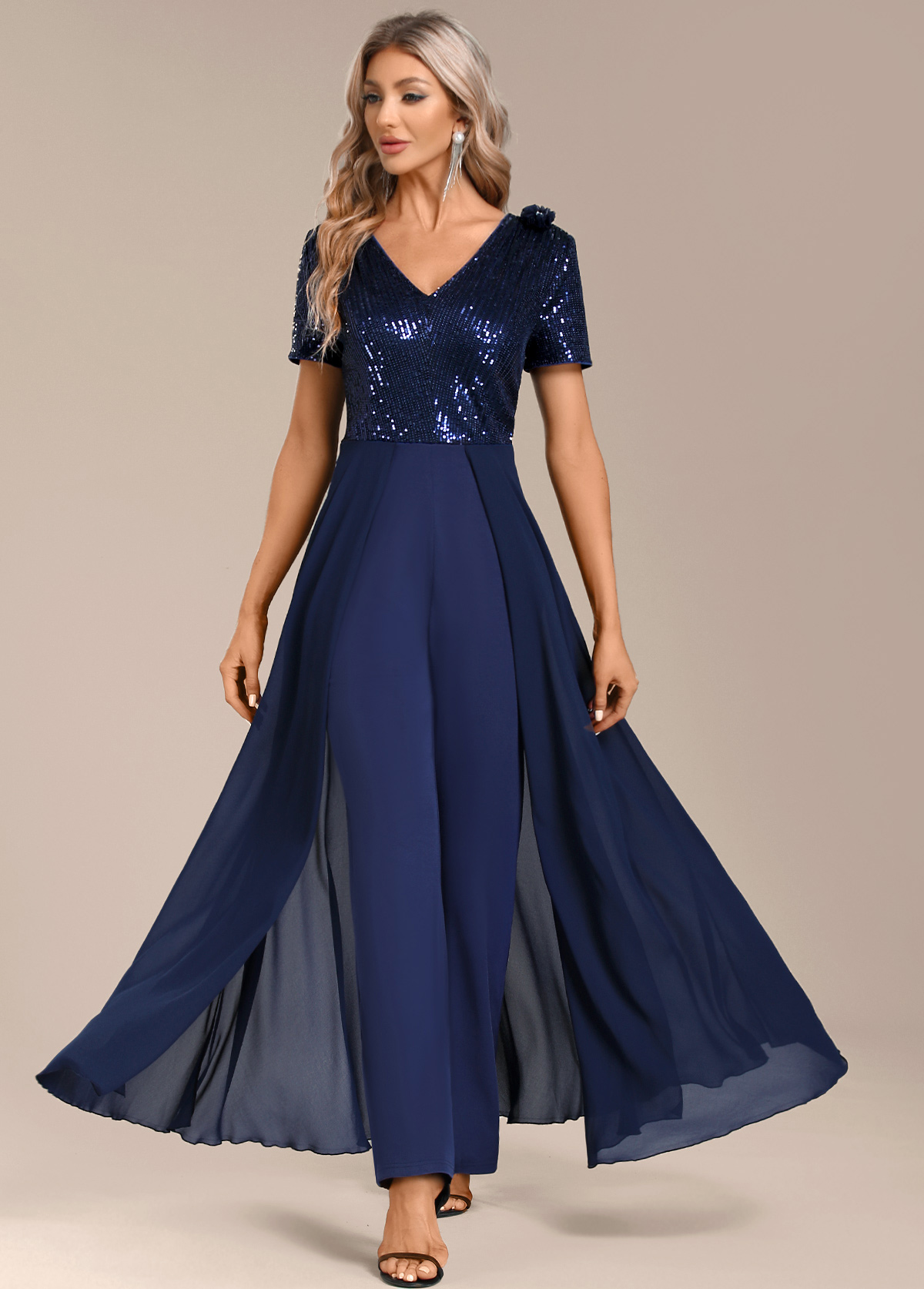 Navy Sequin Long Short Sleeve V Neck Jumpsuit | picture 