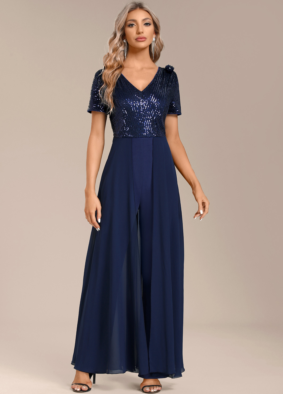 Navy Sequin Long Short Sleeve V Neck Jumpsuit | picture 
