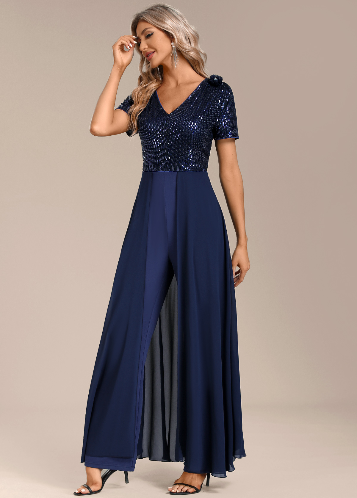 Navy Sequin Long Short Sleeve V Neck Jumpsuit | picture 
