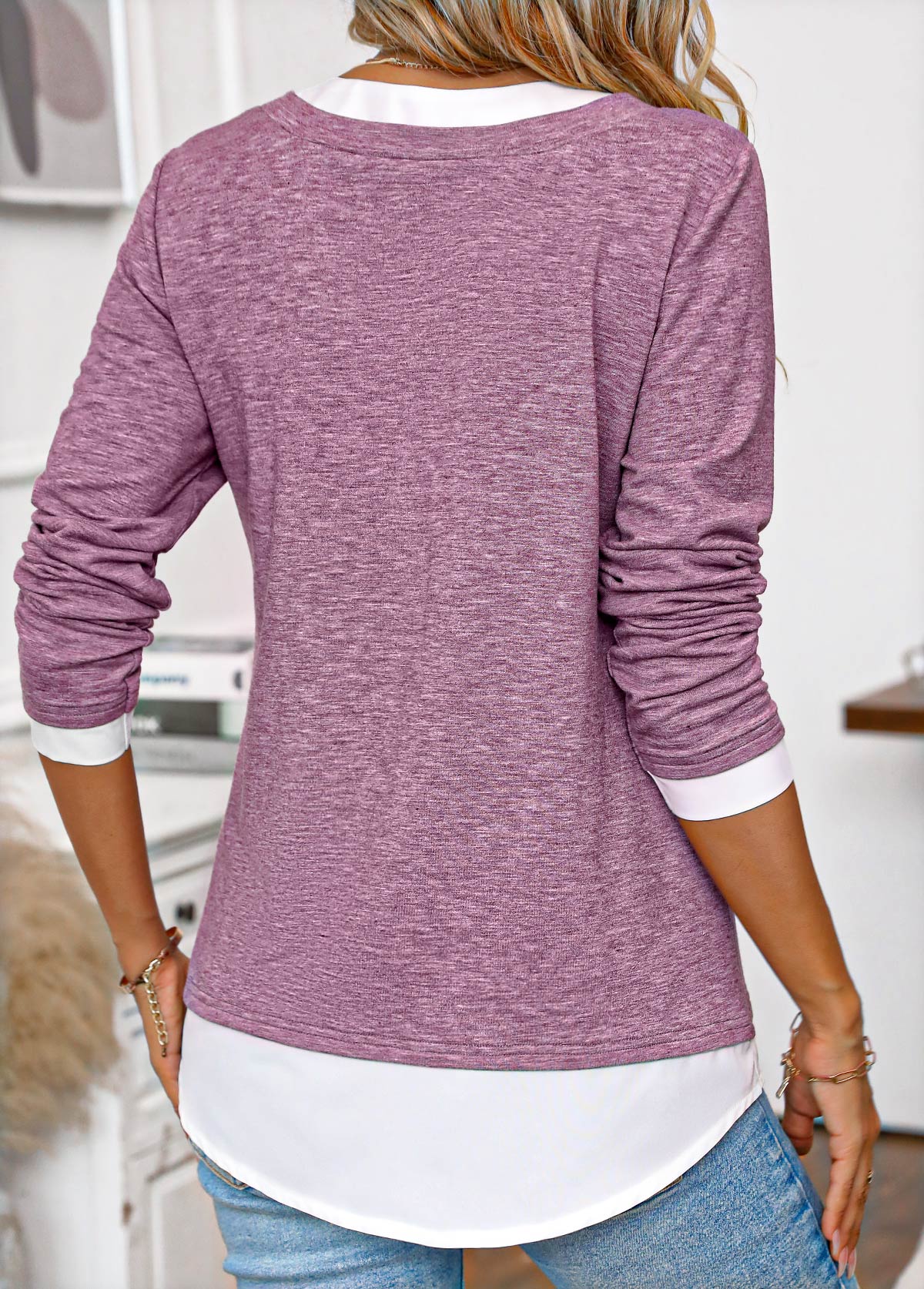 Dark Reddish Purple Patchwork Long Sleeve T Shirt