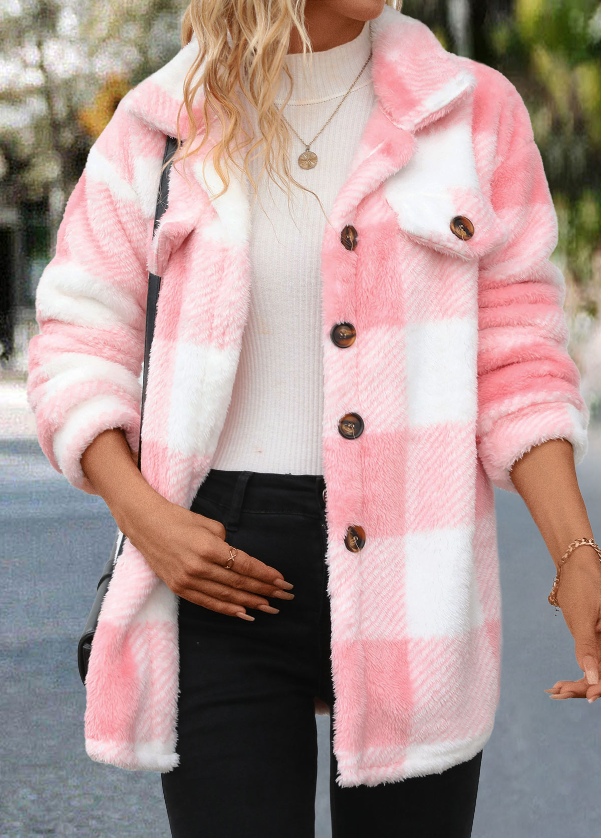 Light Pink Button Plaid Long Sleeve Coat