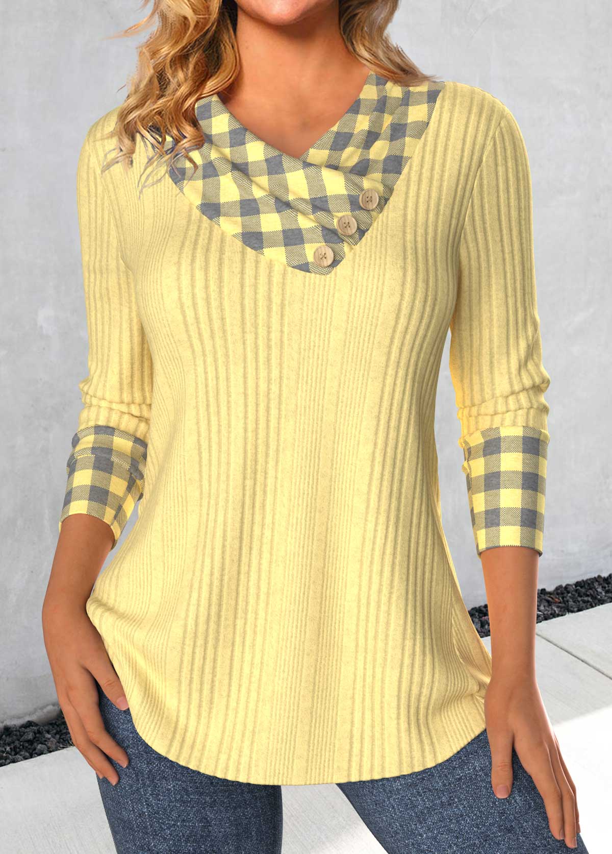 Light Yellow Patchwork Plaid Long Sleeve T Shirt | picture 