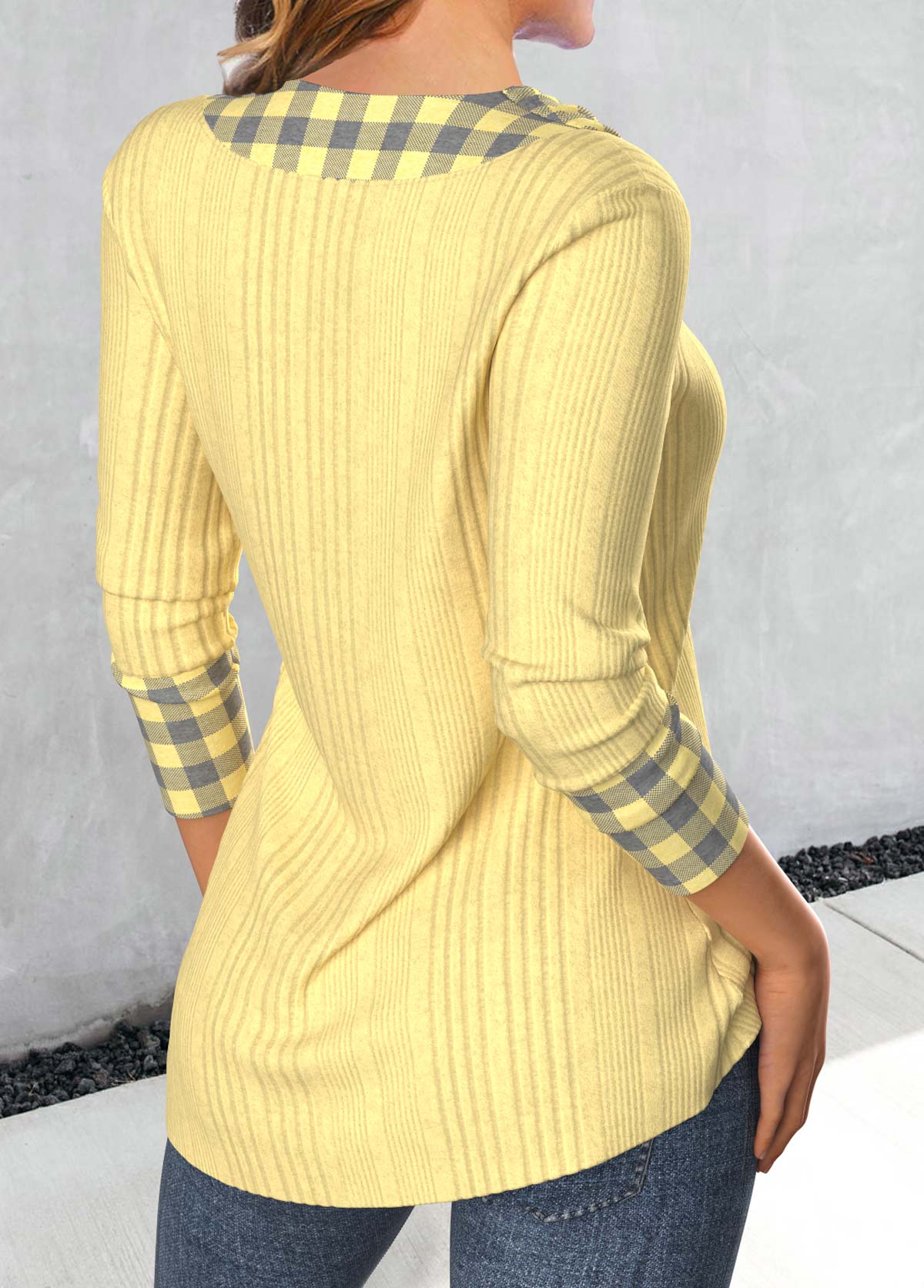 Light Yellow Patchwork Plaid Long Sleeve T Shirt | picture 