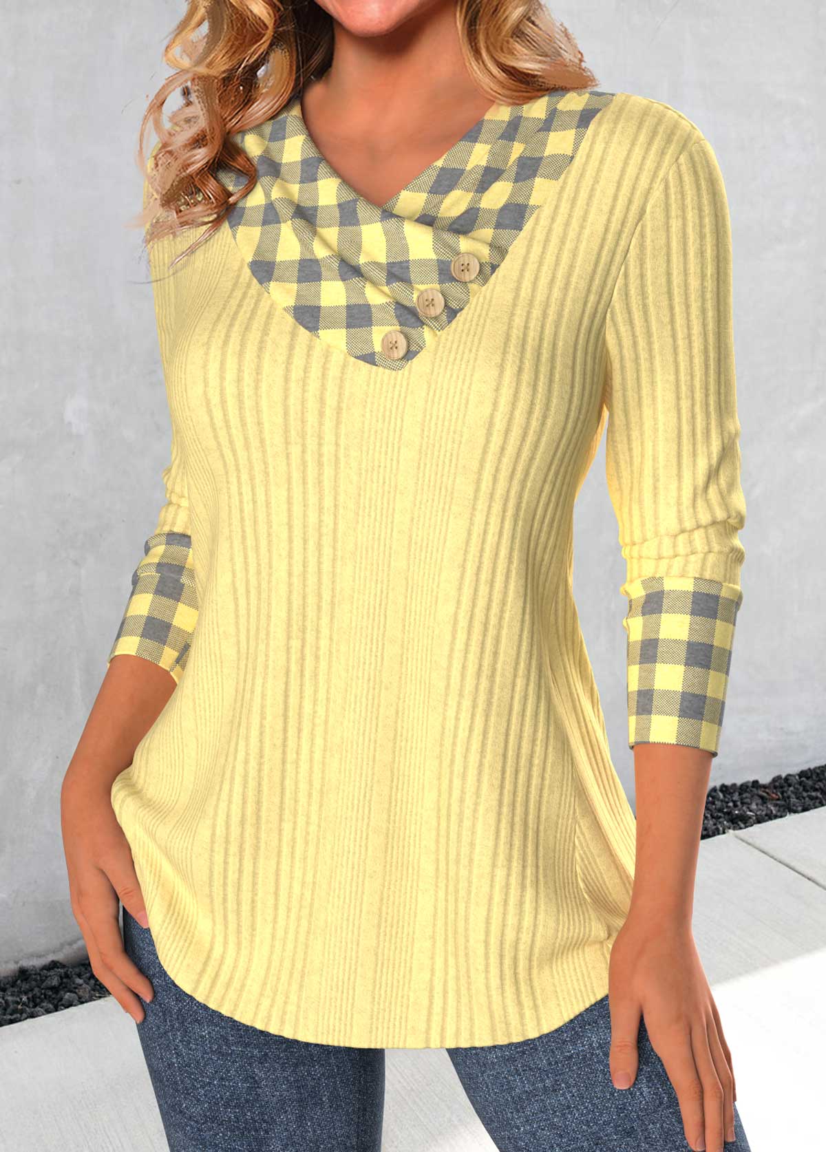 Light Yellow Patchwork Plaid Long Sleeve T Shirt | picture 