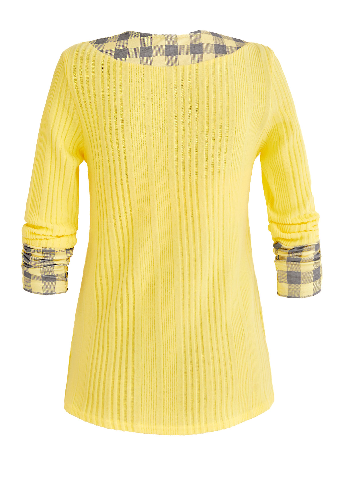 Light Yellow Patchwork Plaid Long Sleeve T Shirt