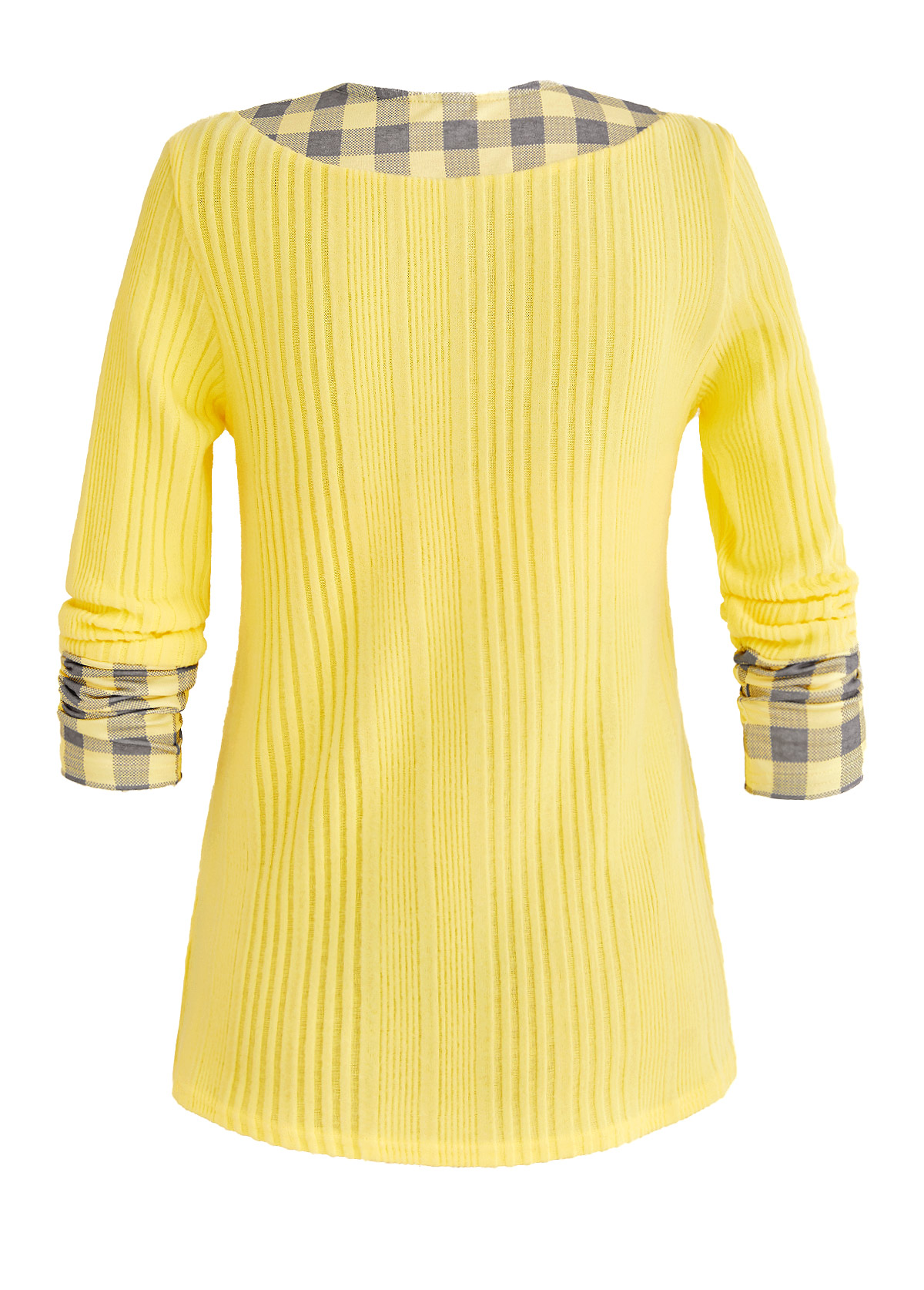 Light Yellow Patchwork Plaid Long Sleeve T Shirt | picture 