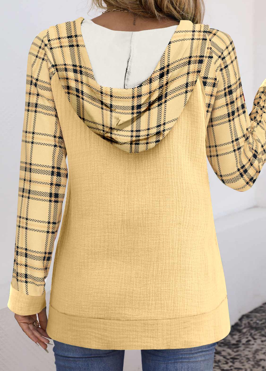 Plus Size Light Yellow Patchwork Plaid Long Sleeve Hoodie