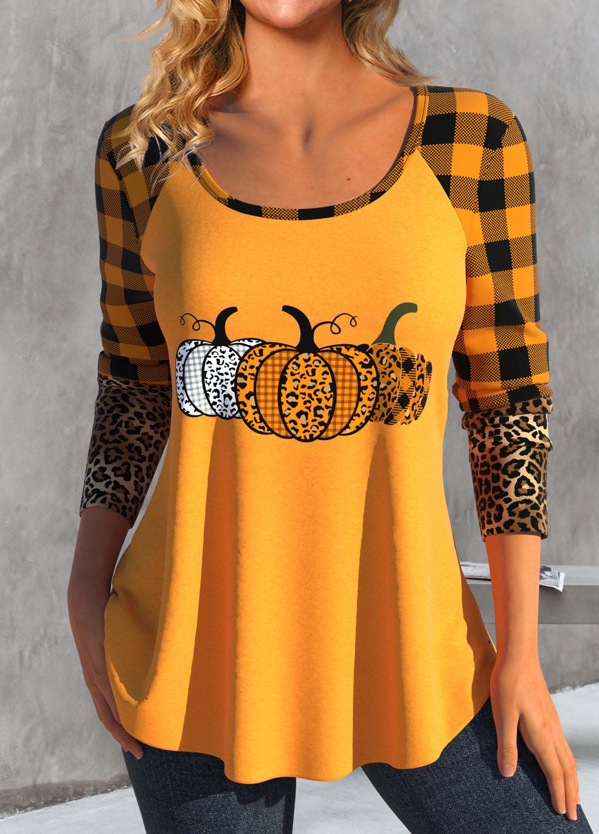 Orange Patchwork Halloween Print Long Sleeve T Shirt