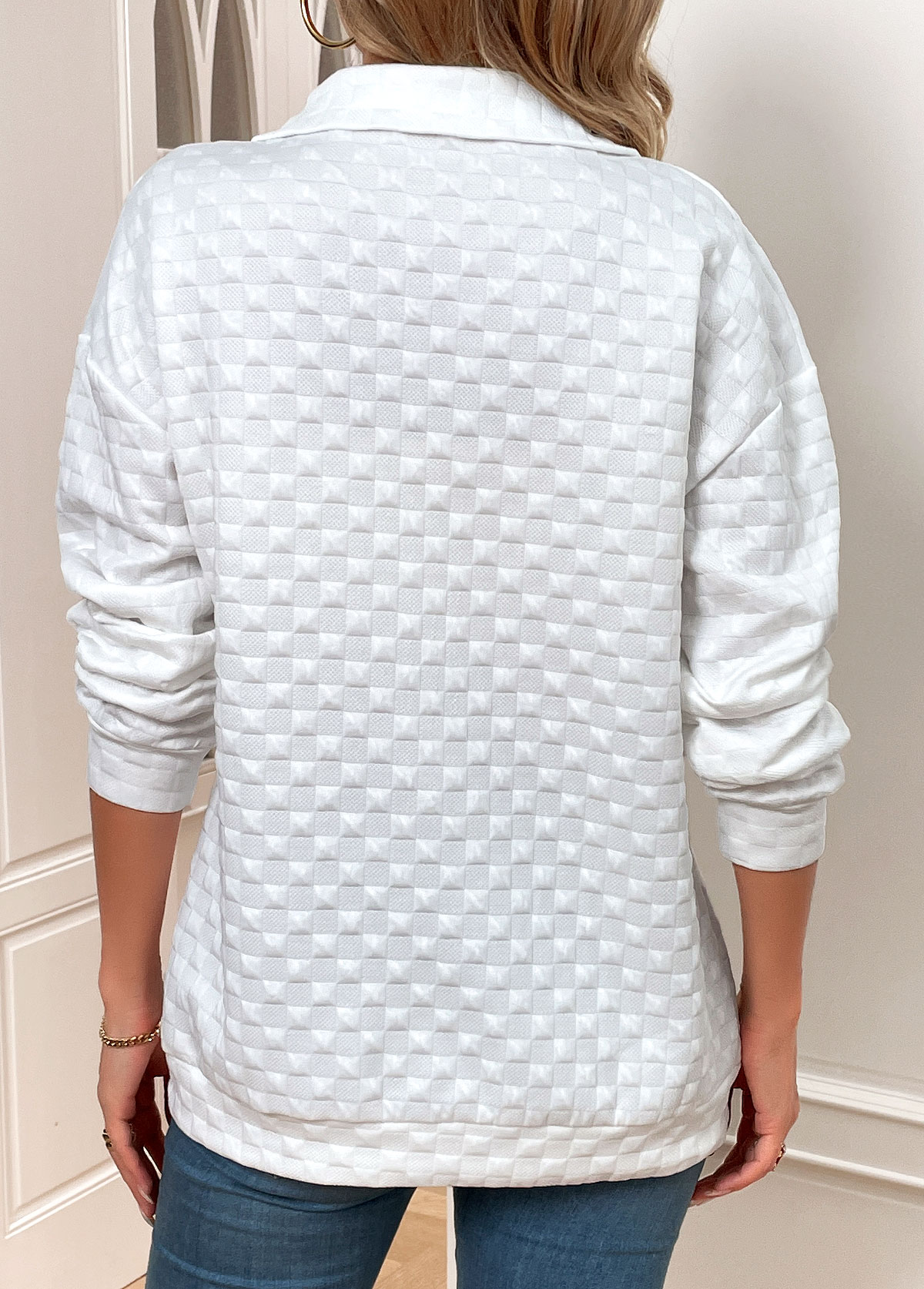 White Zipper Long Sleeve Turn Down Collar Sweatshirt