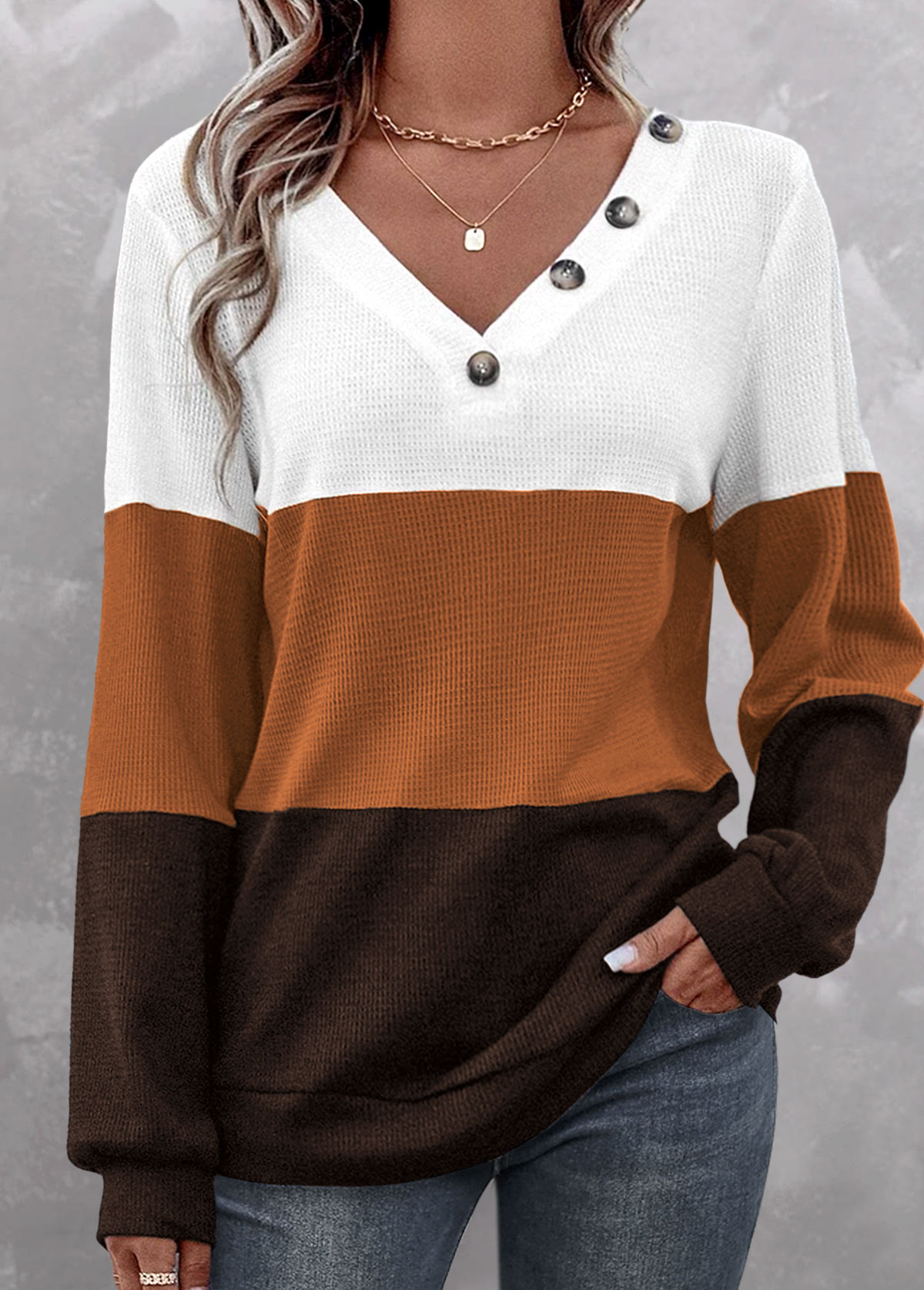 Dark Coffee Patchwork Long Sleeve V Neck Sweatshirt | picture 