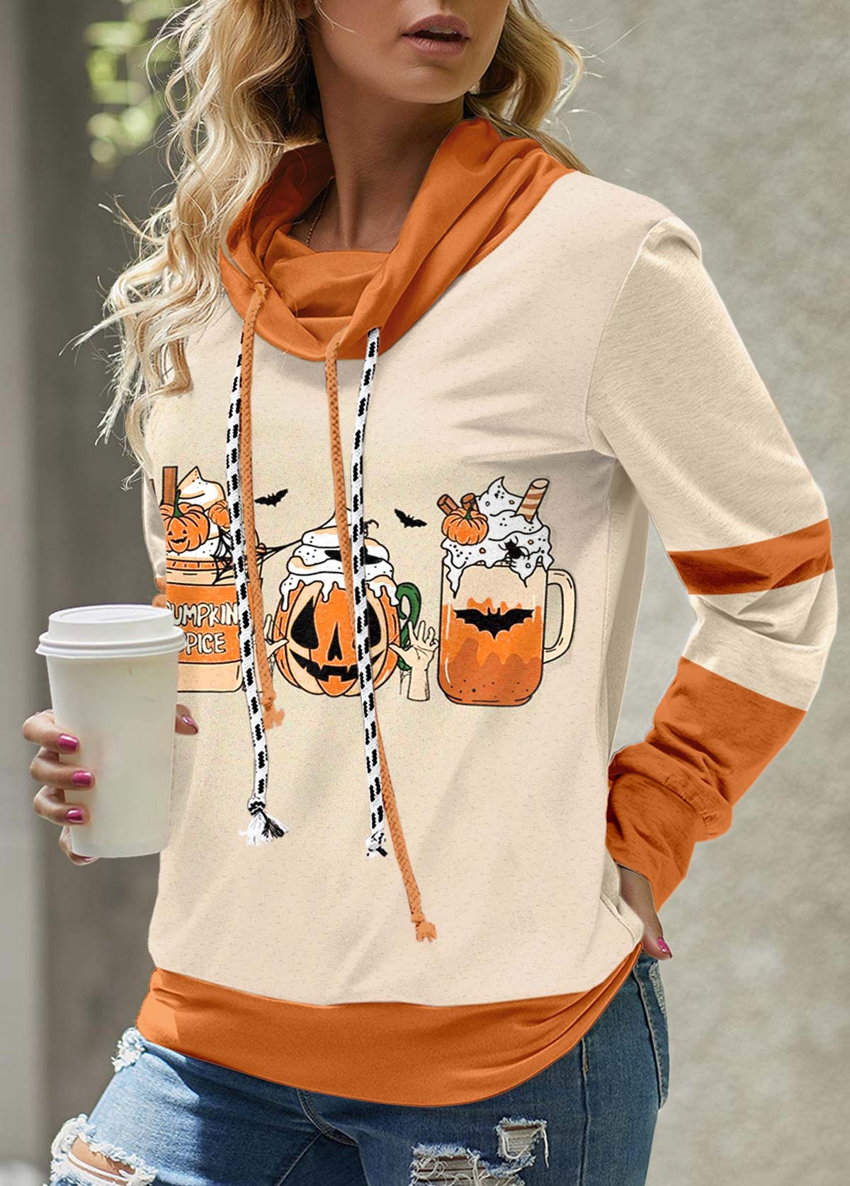 Light Camel Patchwork Halloween Print Long Sleeve Sweatshirt