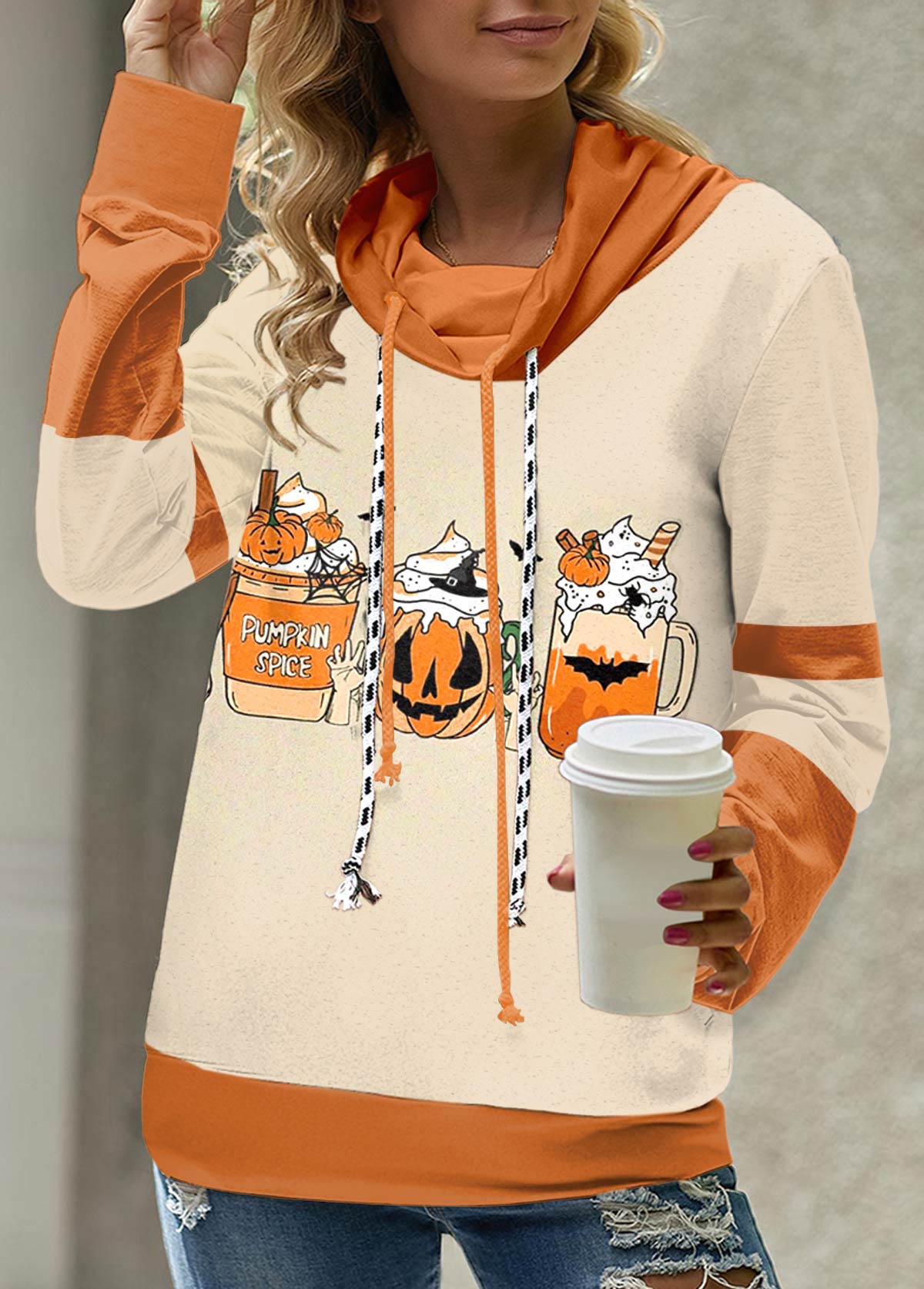 Light Camel Patchwork Halloween Print Long Sleeve Sweatshirt