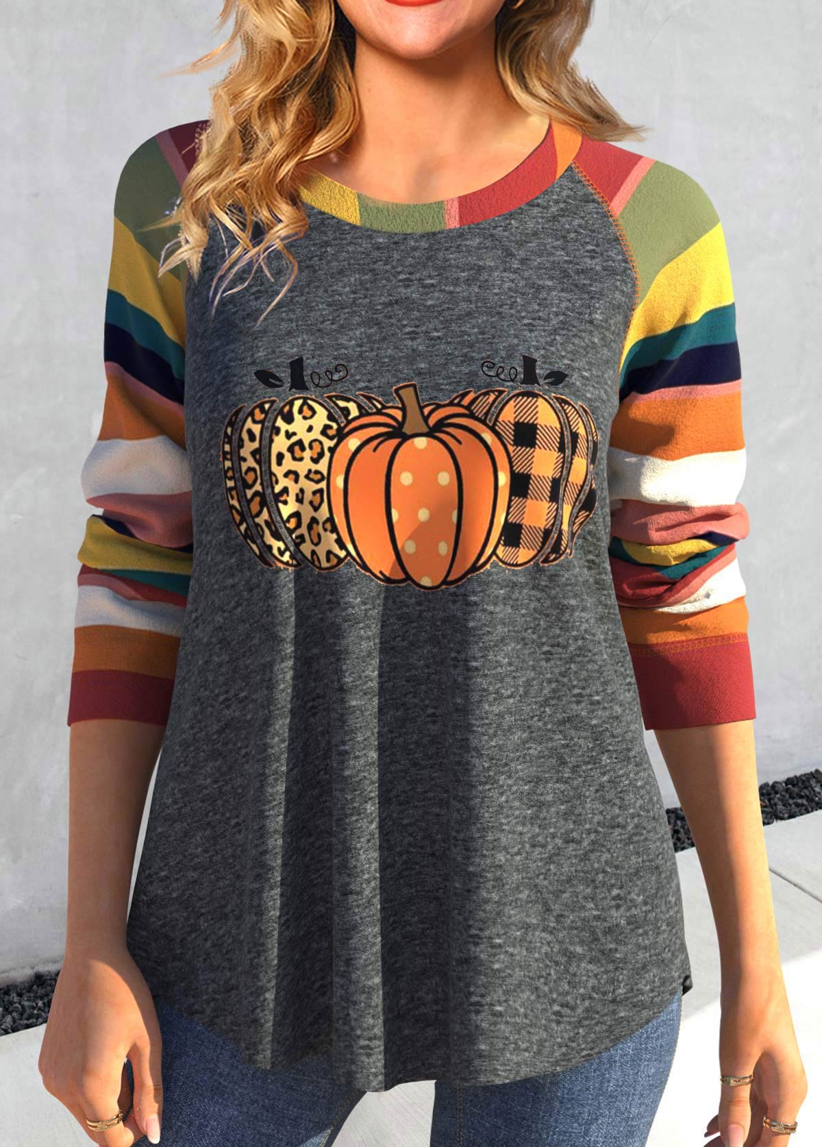 Multi Color Patchwork Long Sleeve Halloween T Shirt