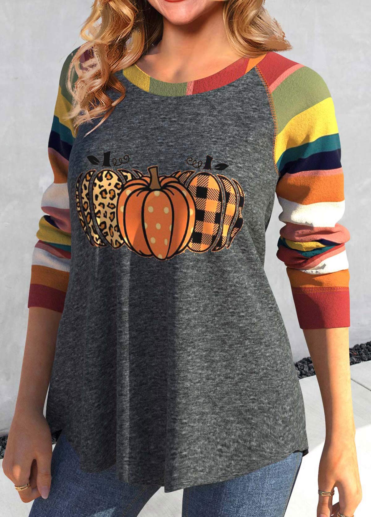 Multi Color Patchwork Long Sleeve Halloween T Shirt