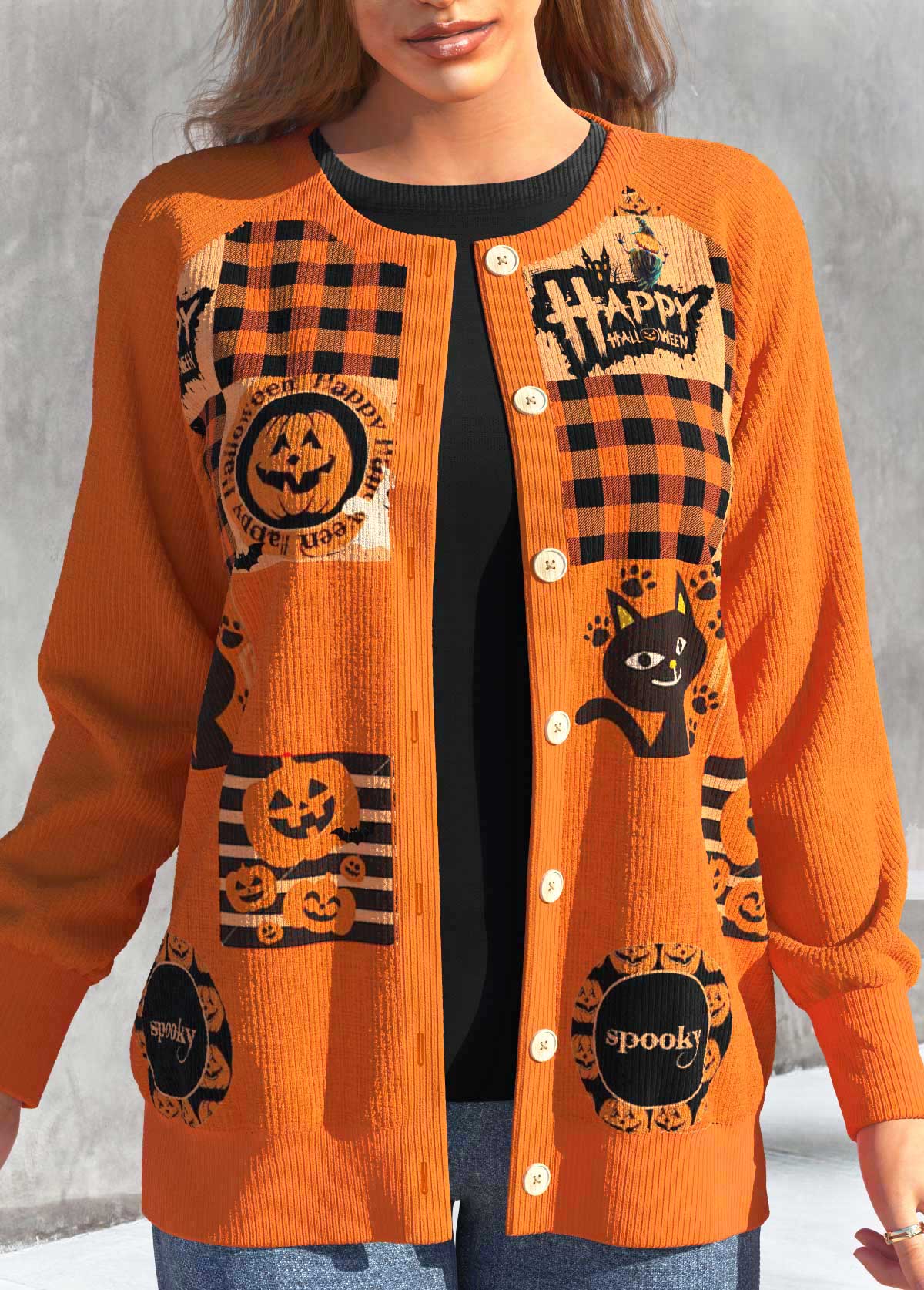Orange Button Halloween Print Long Sleeve Coat