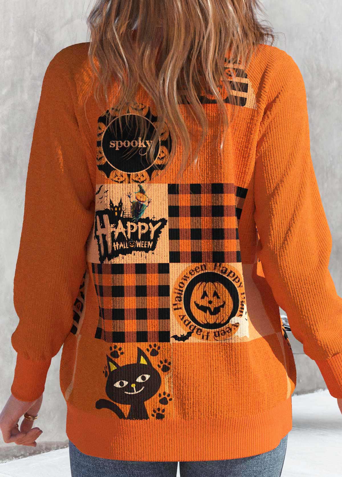 Orange Button Halloween Print Long Sleeve Coat