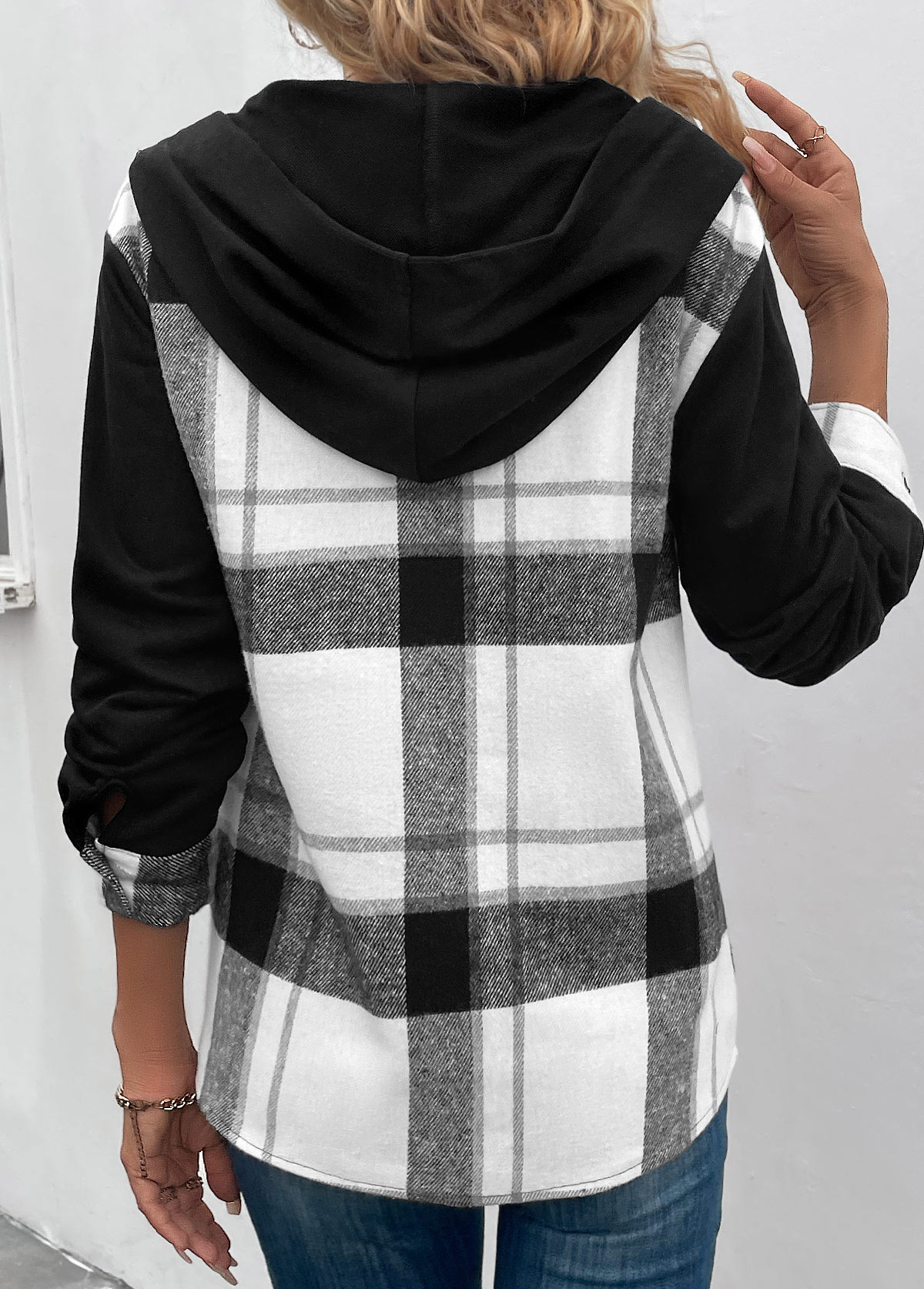 Black Patchwork Plaid Long Sleeve Hooded Coat
